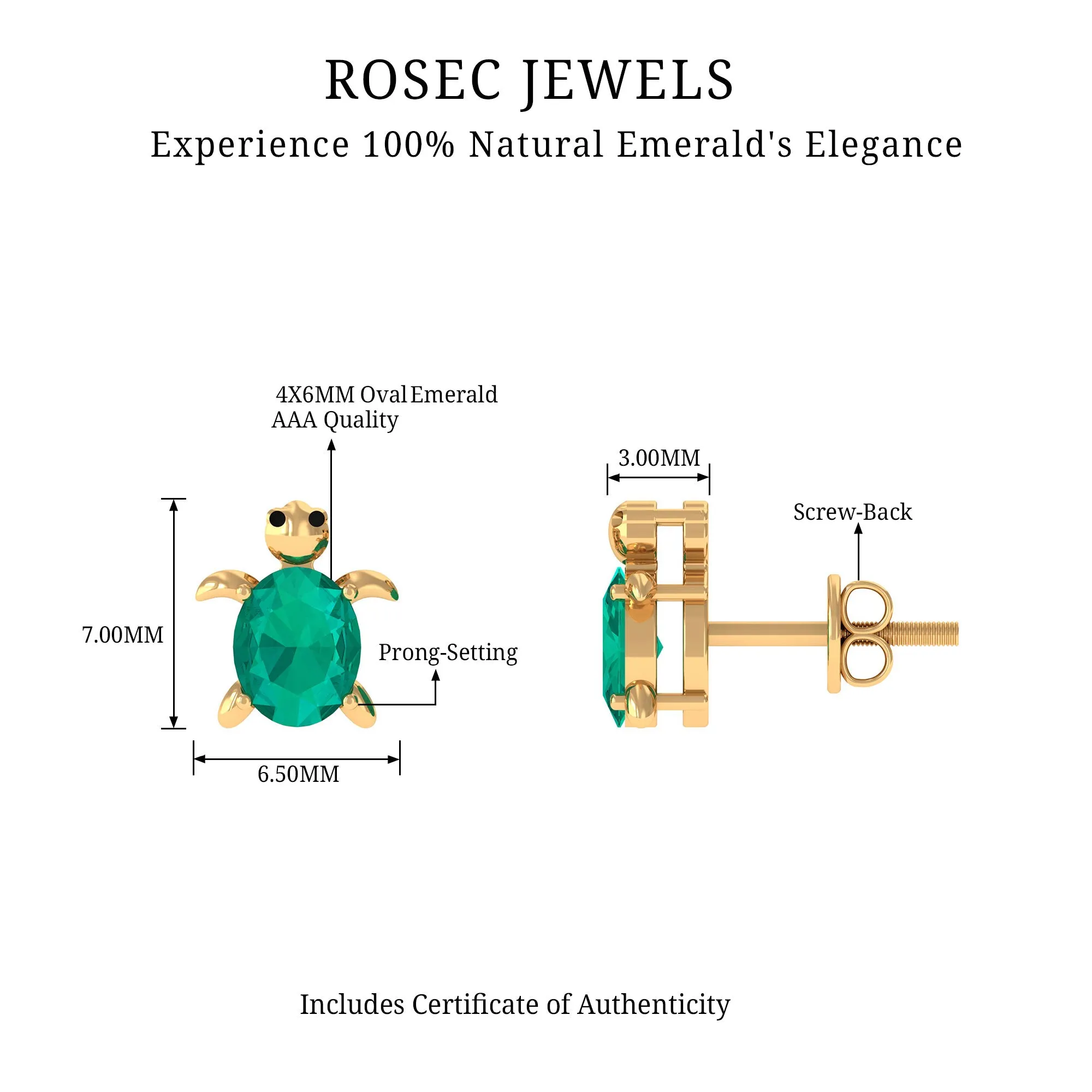 0.75 CT Oval Shaped Emerald Solitaire Turtle Stud Earrings