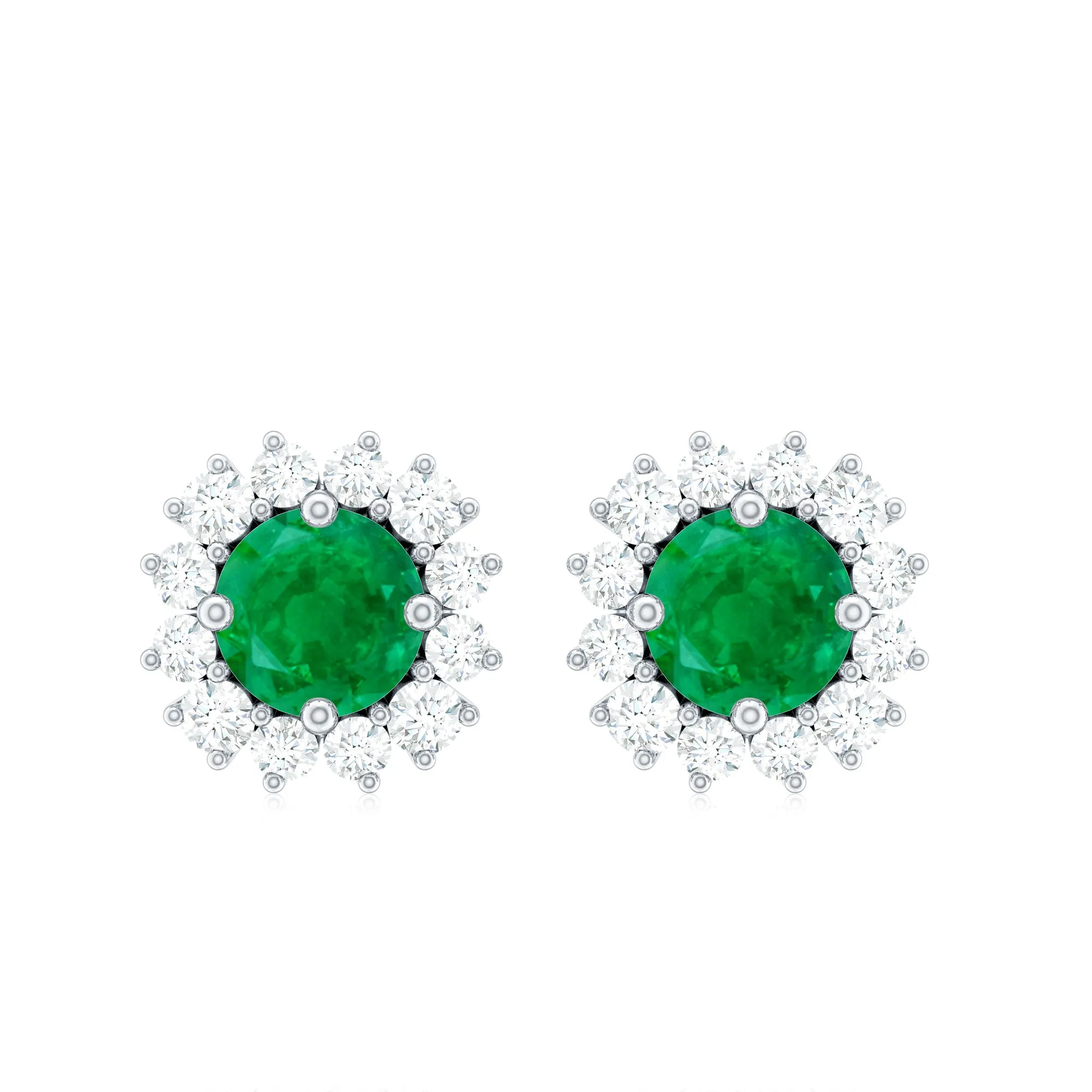 1 CT Emerald Stud Earrings with Diamond Halo