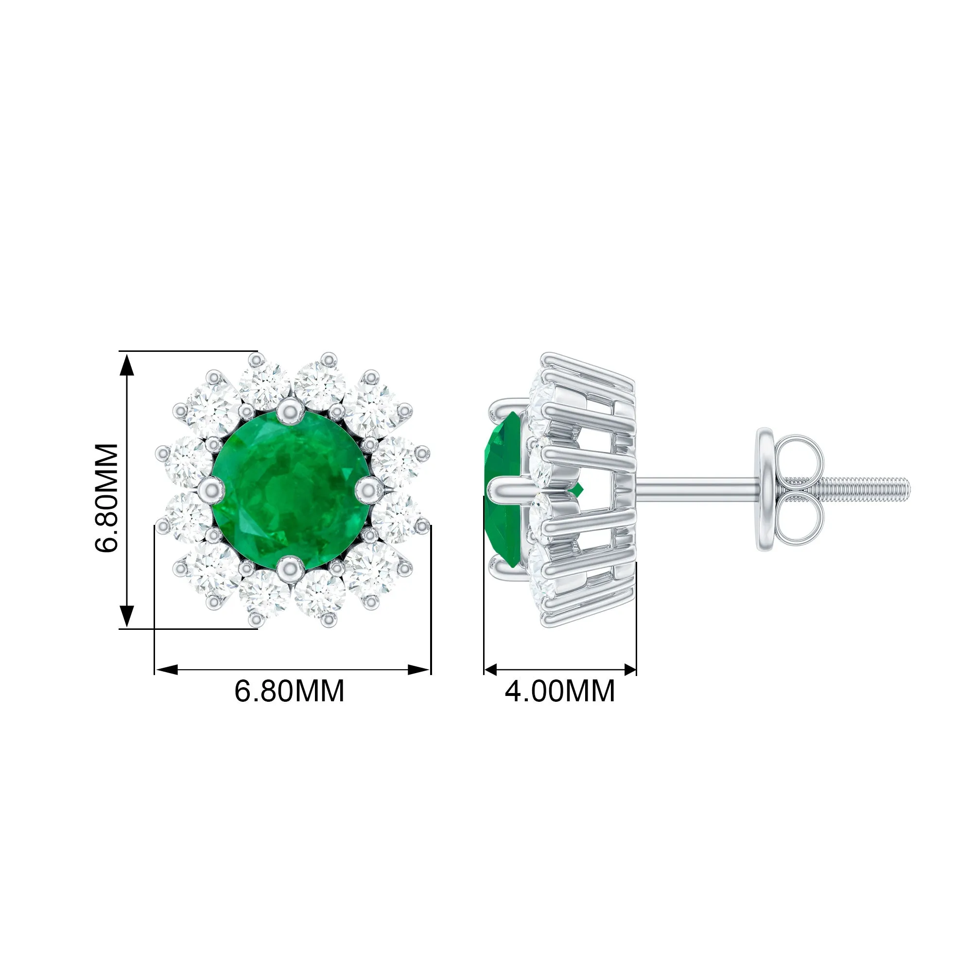 1 CT Emerald Stud Earrings with Diamond Halo