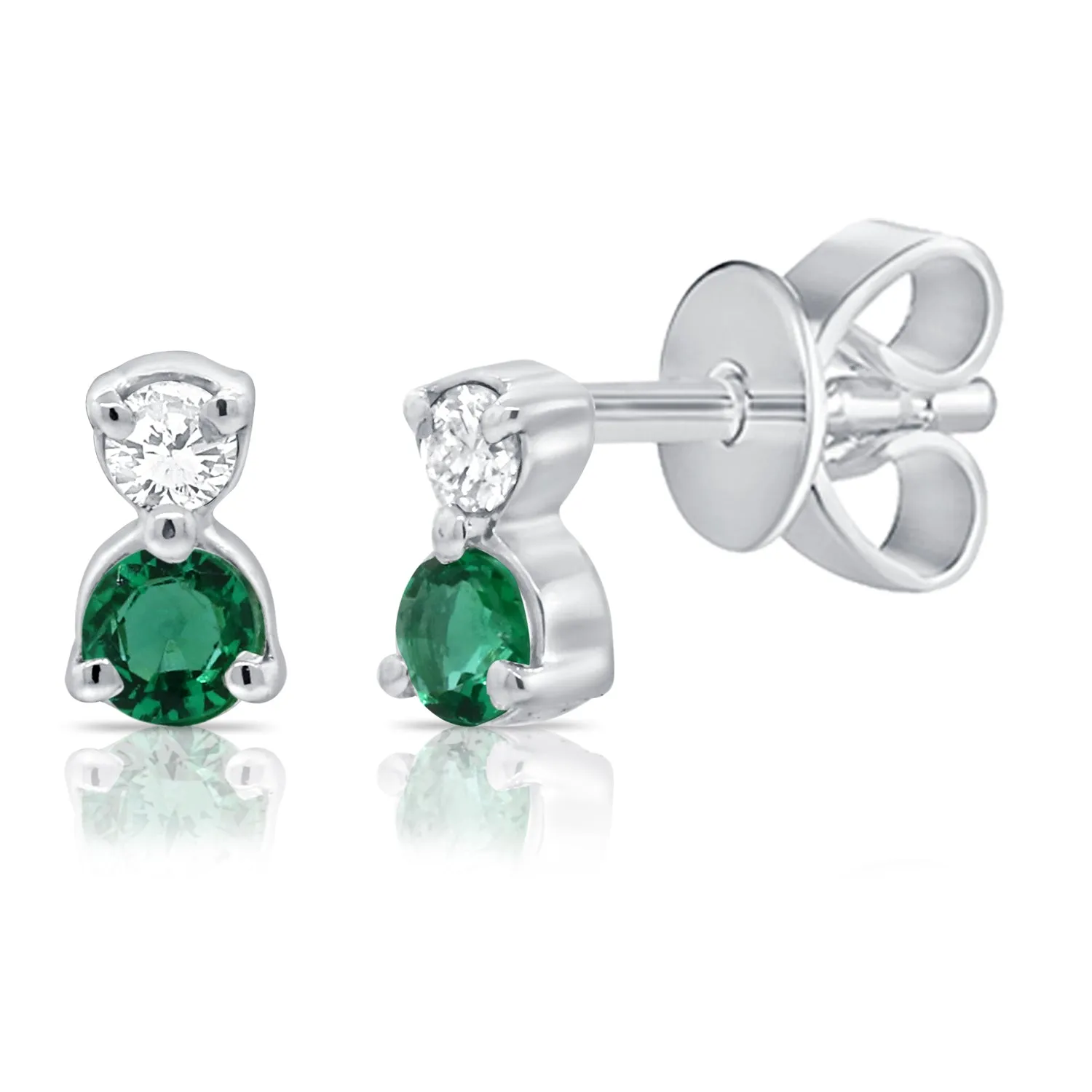 14K White Gold Diamond   Emerald Mini Stud Earrings