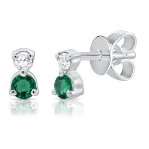 14K White Gold Diamond   Emerald Mini Stud Earrings
