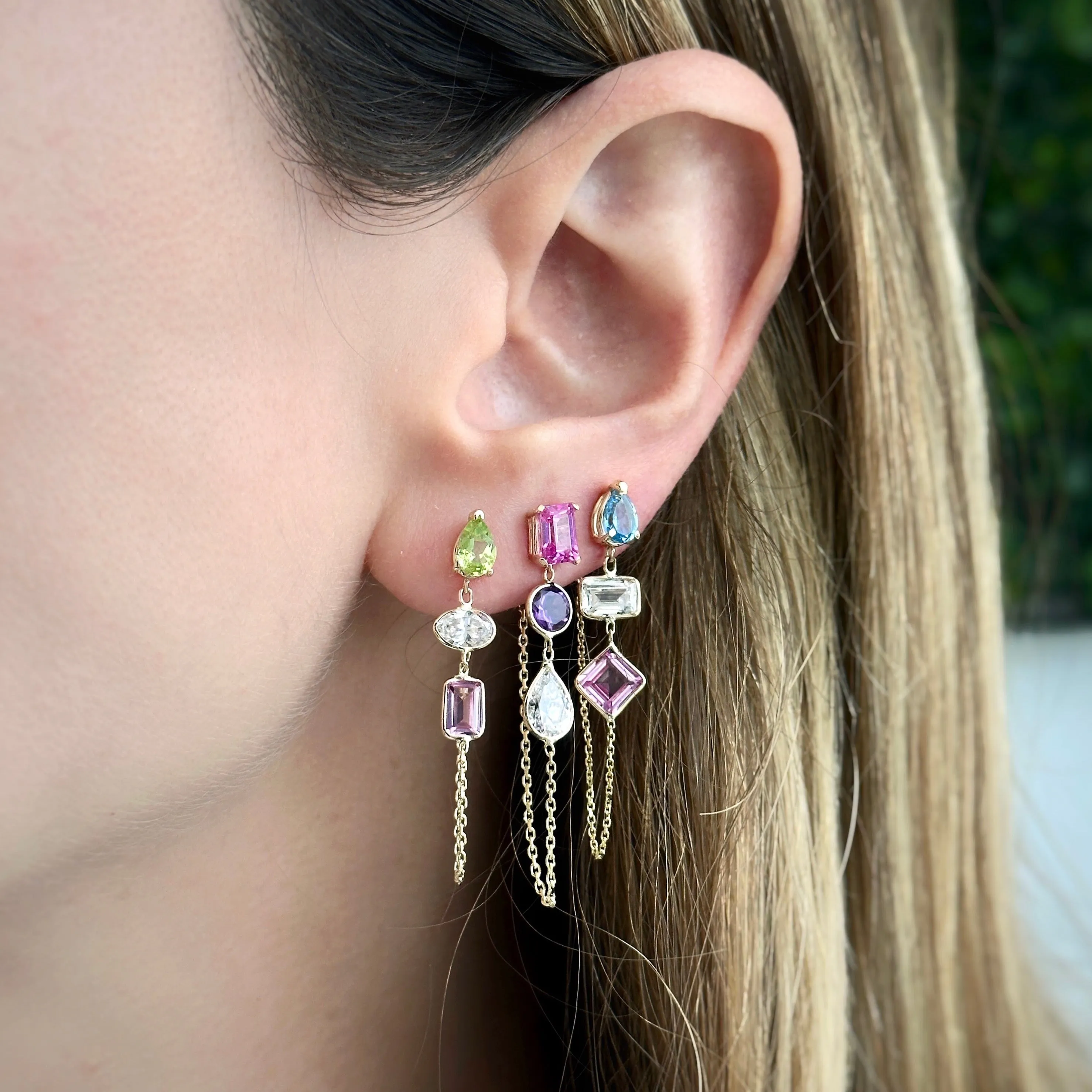 14K Yellow Gold Drop, Oval And Emerald Cut Peridot, White And Pink Gemstones Chain Studs