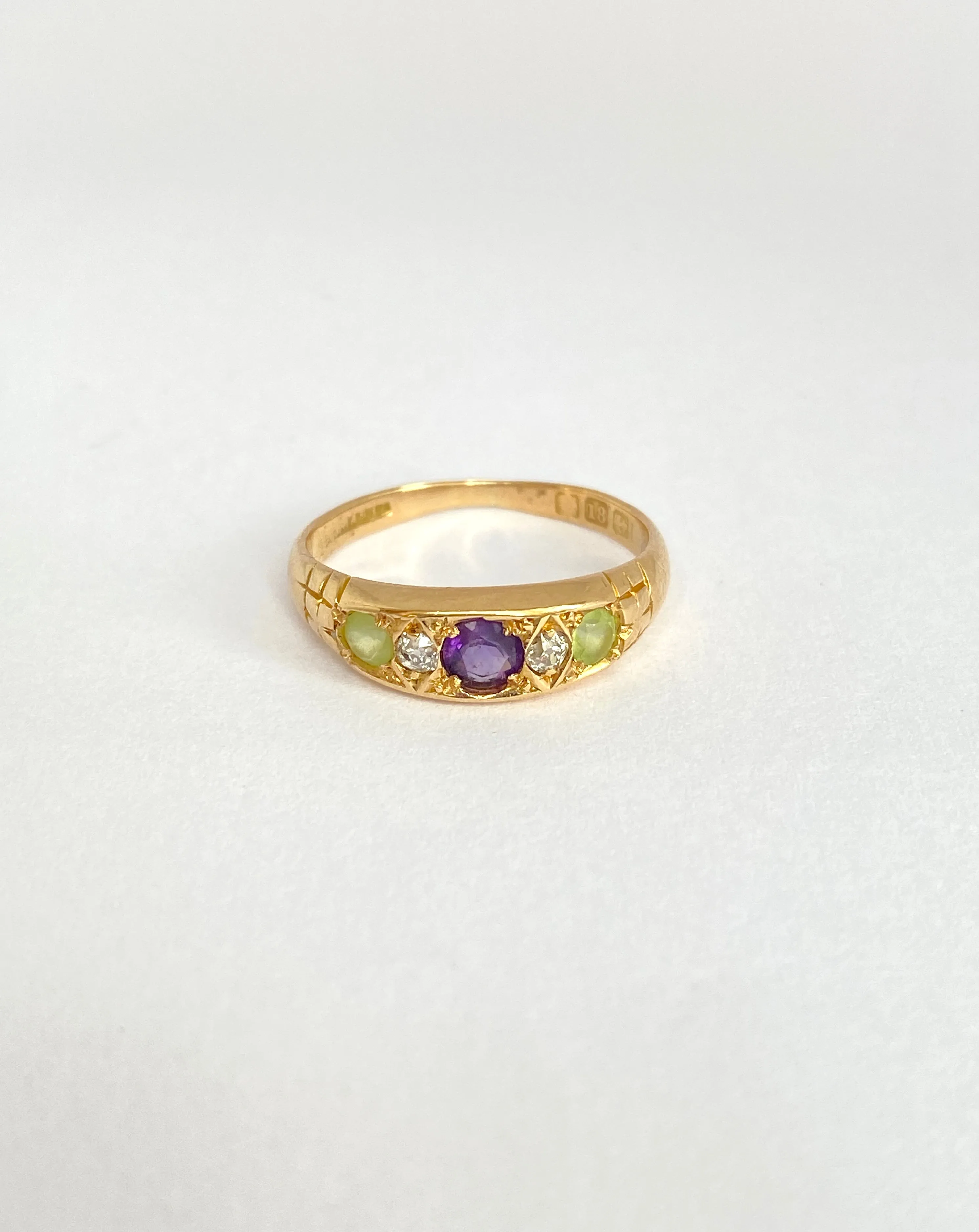 18ct Gold, Edwardian Multi Gem Ring in Suffragette Colours; Amethyst, Chalcedony and Diamond