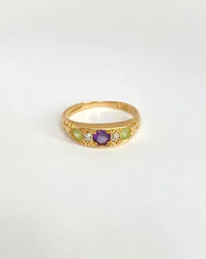 18ct Gold, Edwardian Multi Gem Ring in Suffragette Colours; Amethyst, Chalcedony and Diamond