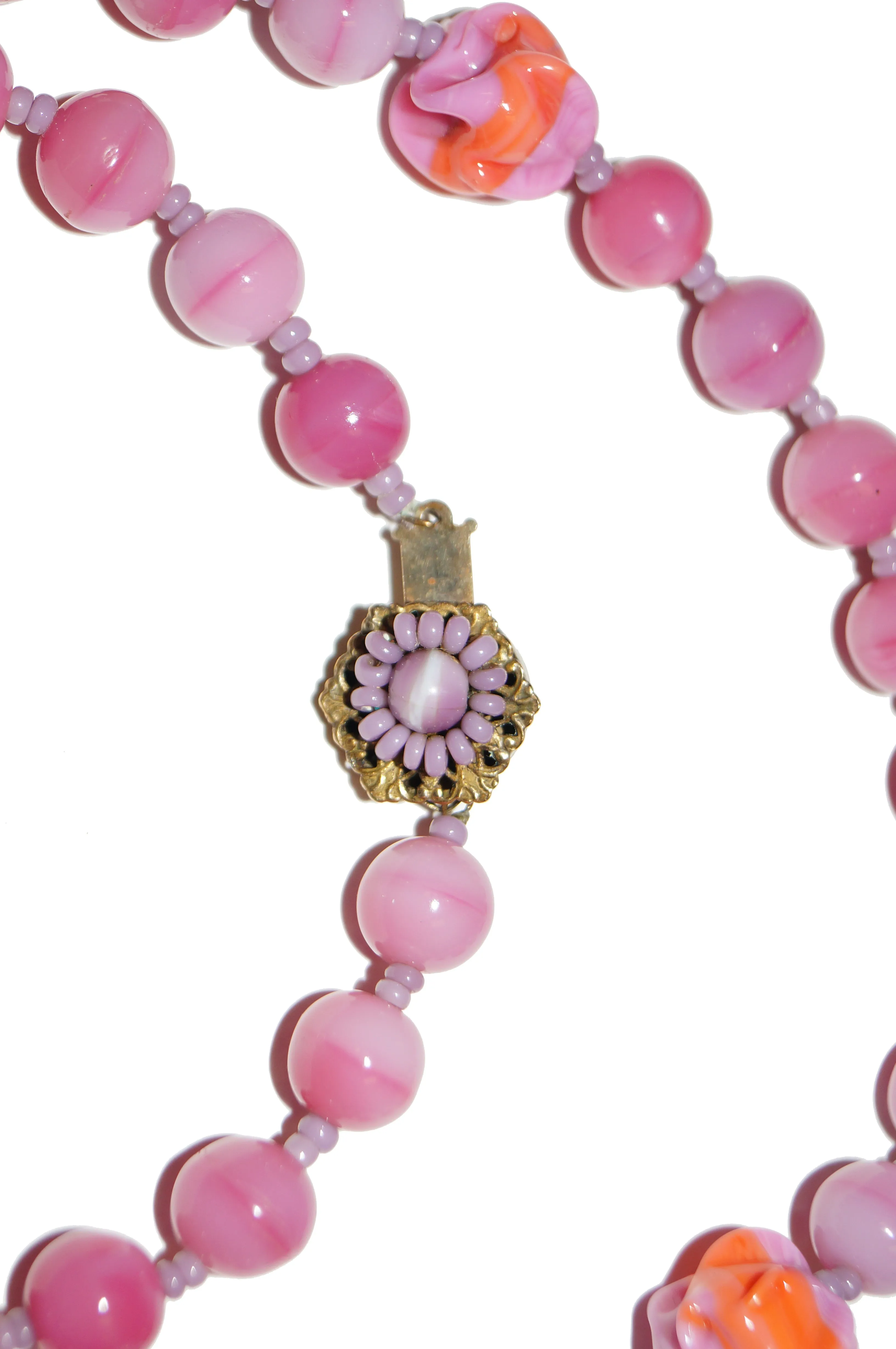 1950s Miriam Haskell Pink Poured and Molded Art Glass Necklace