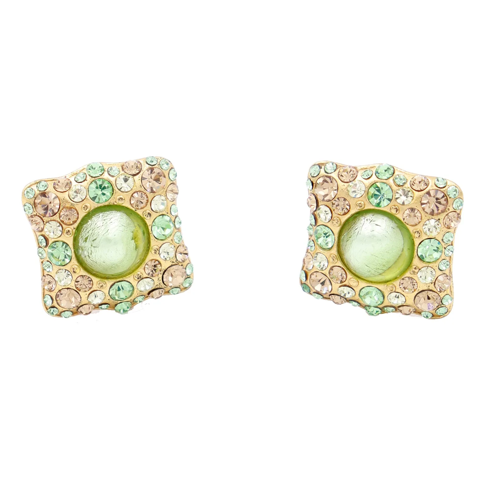 1980s Yves Saint Laurent Green and Gold Square Crystal Earrings