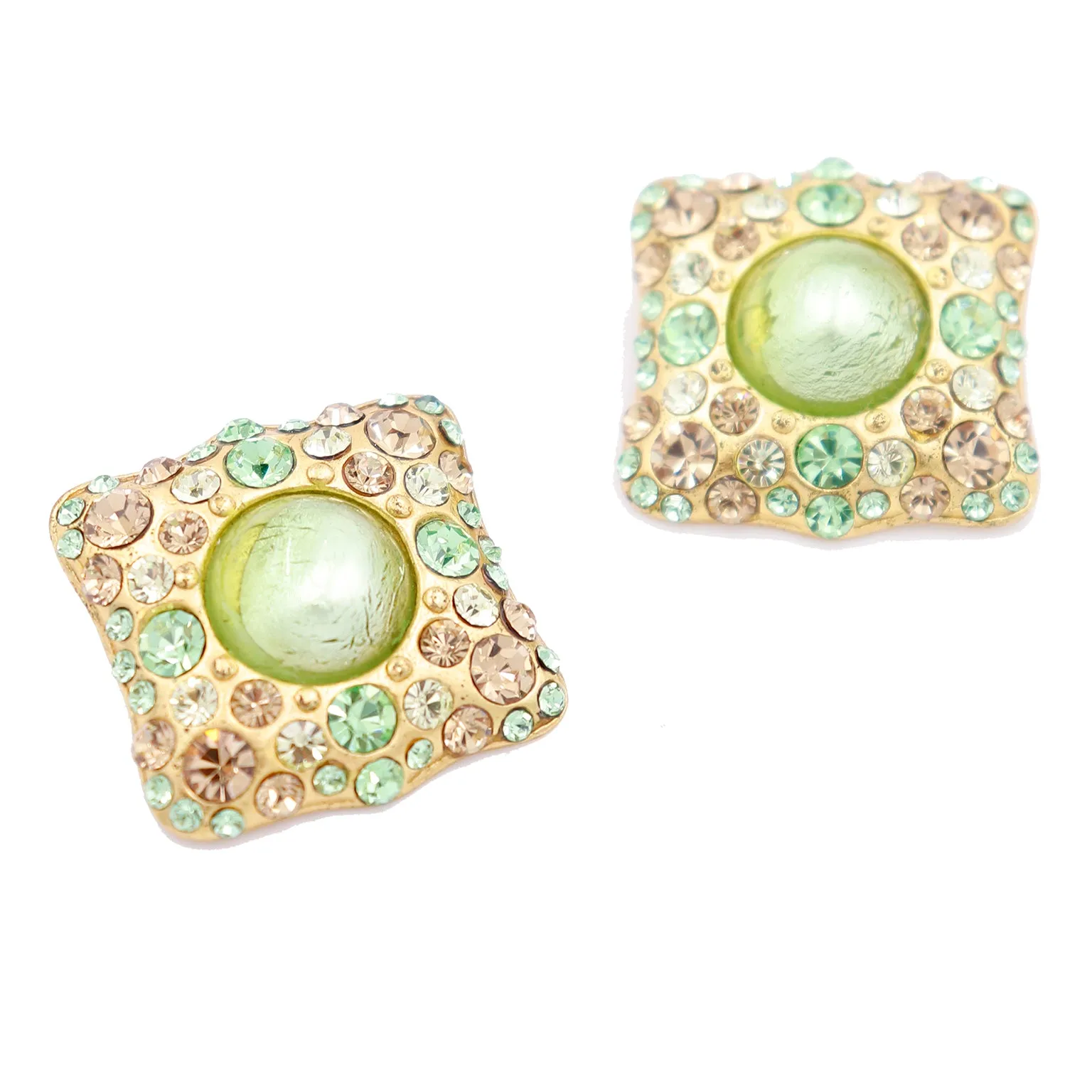 1980s Yves Saint Laurent Green and Gold Square Crystal Earrings