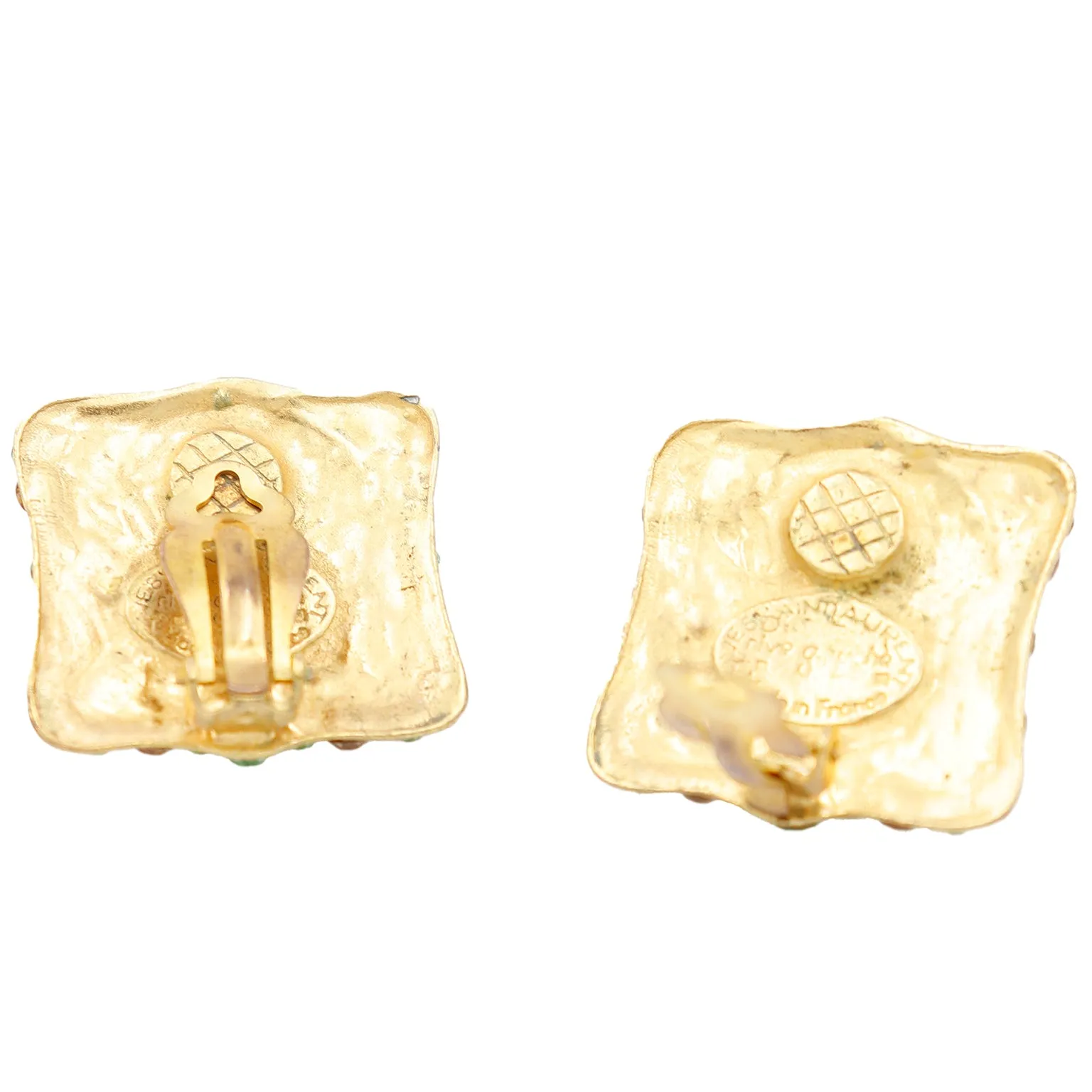 1980s Yves Saint Laurent Green and Gold Square Crystal Earrings
