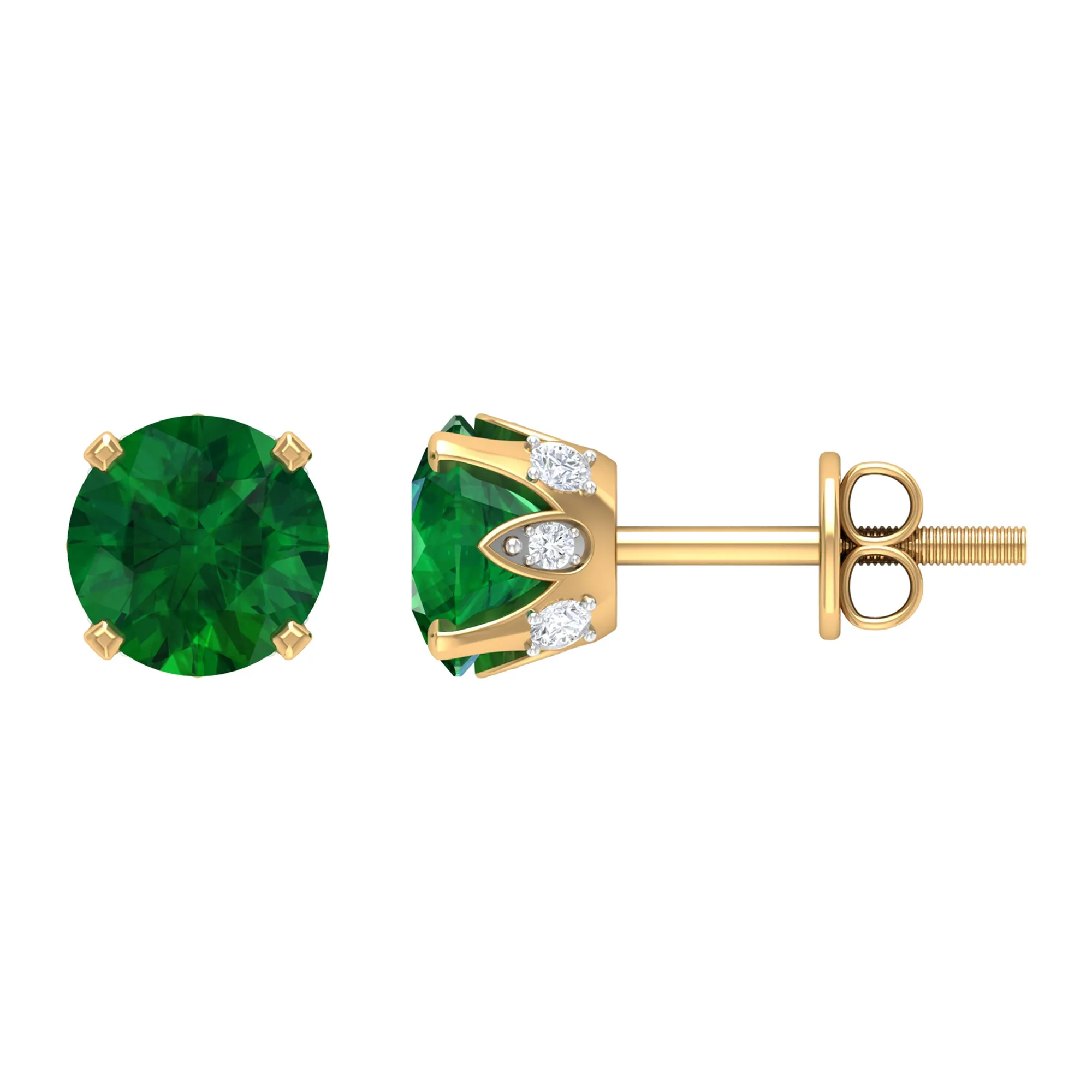 2 CT Created Emerald Solitaire Stud Earrings with Diamond Accent