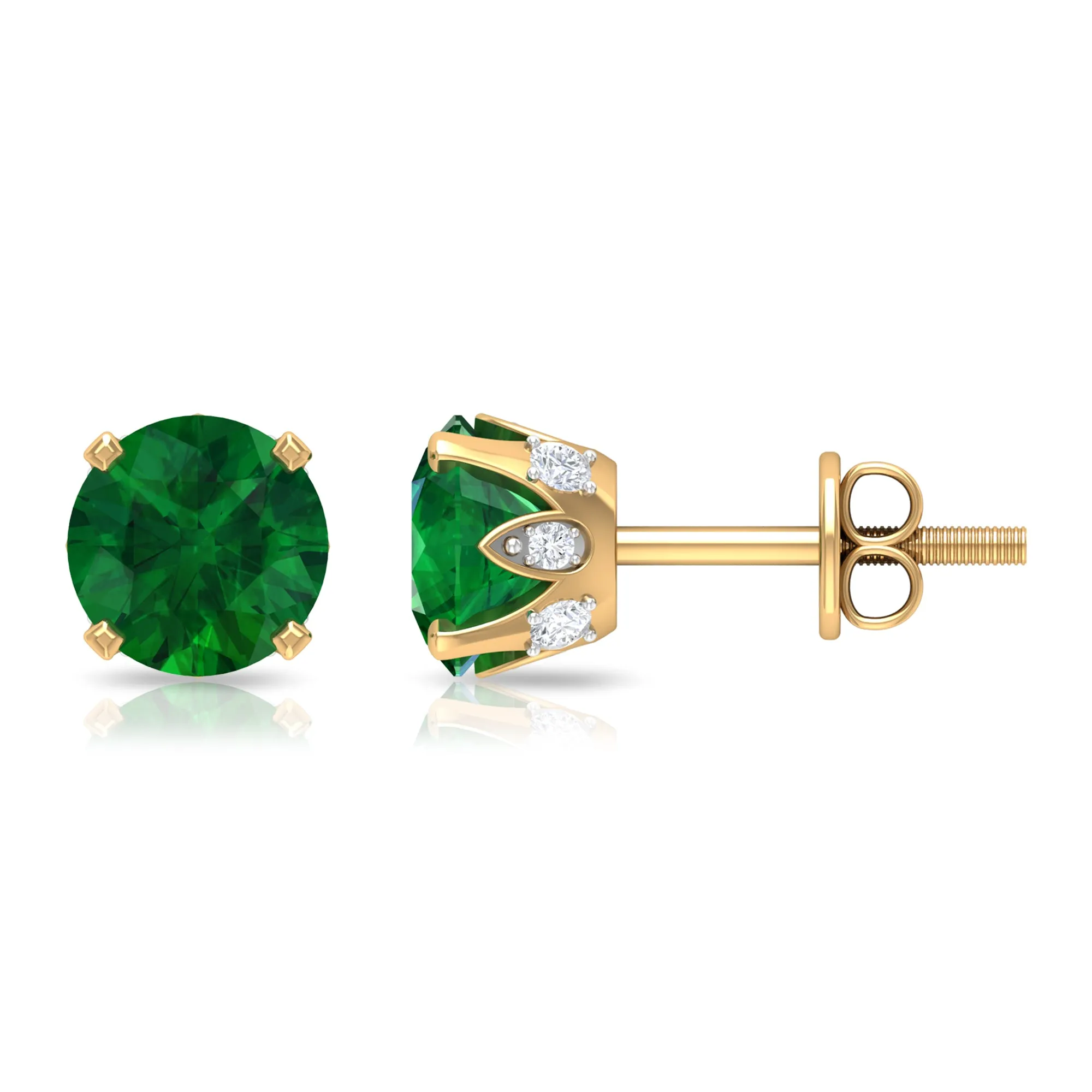 2 CT Created Emerald Solitaire Stud Earrings with Diamond Accent