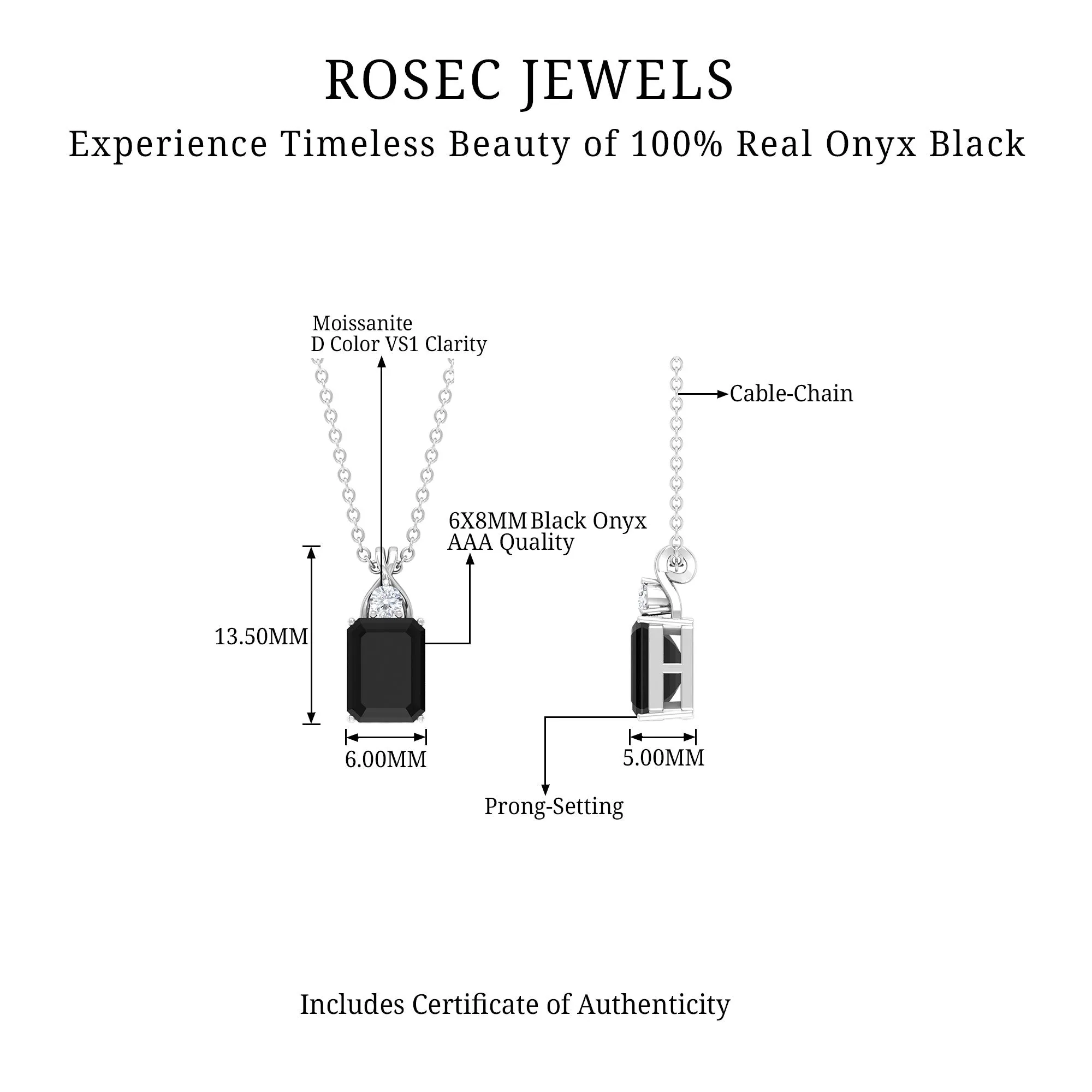 2 CT Simple Black Onyx Solitaire Pendant with Moissanite