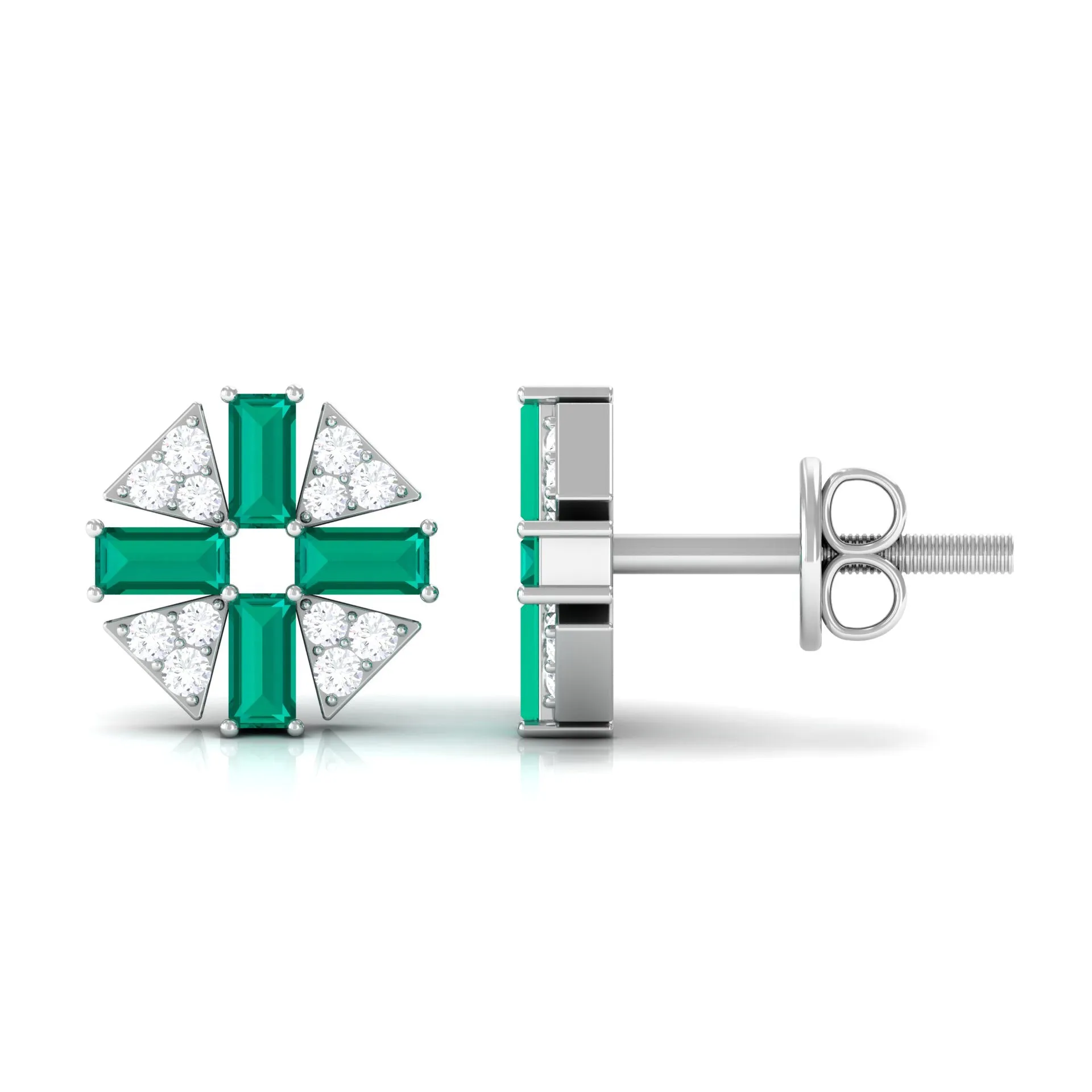 3/4 CT Baguette Cut Emerald and Diamond Contemporary Stud Earrings