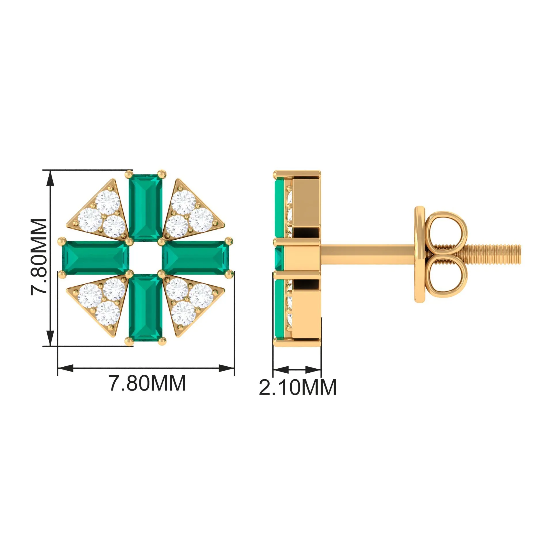 3/4 CT Baguette Cut Emerald and Diamond Contemporary Stud Earrings