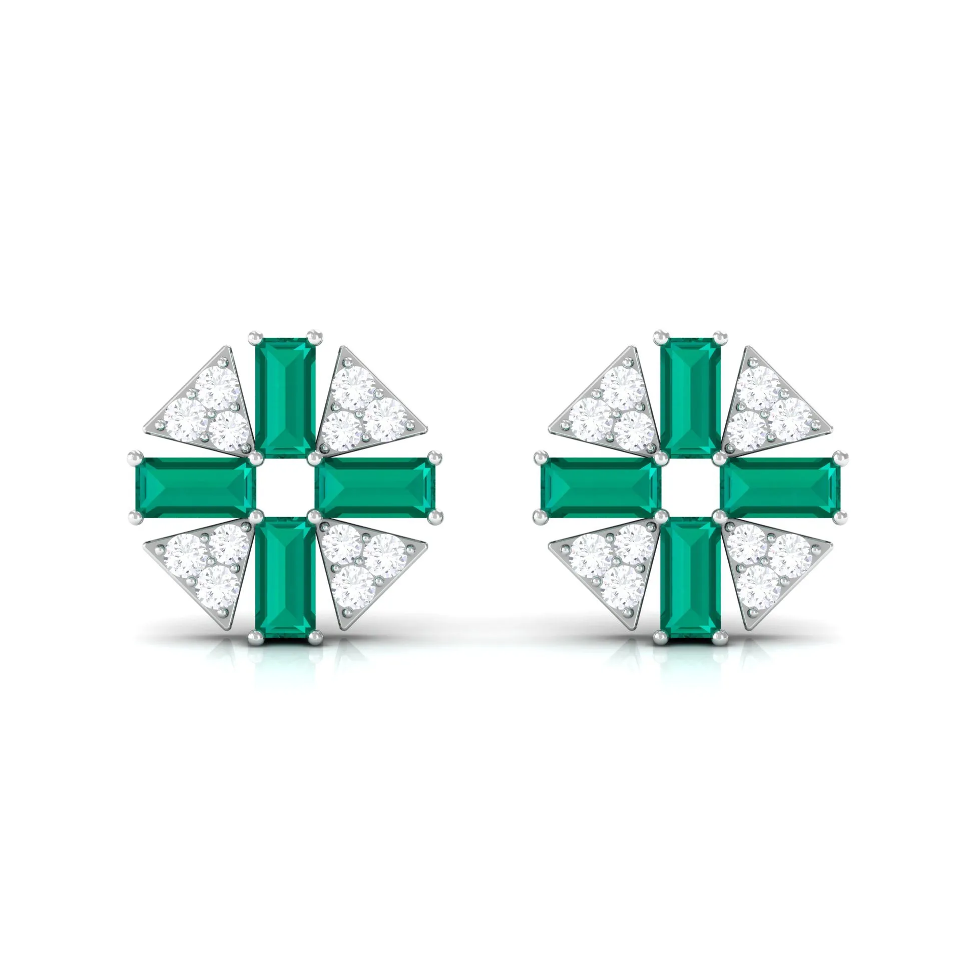 3/4 CT Baguette Cut Emerald and Diamond Contemporary Stud Earrings