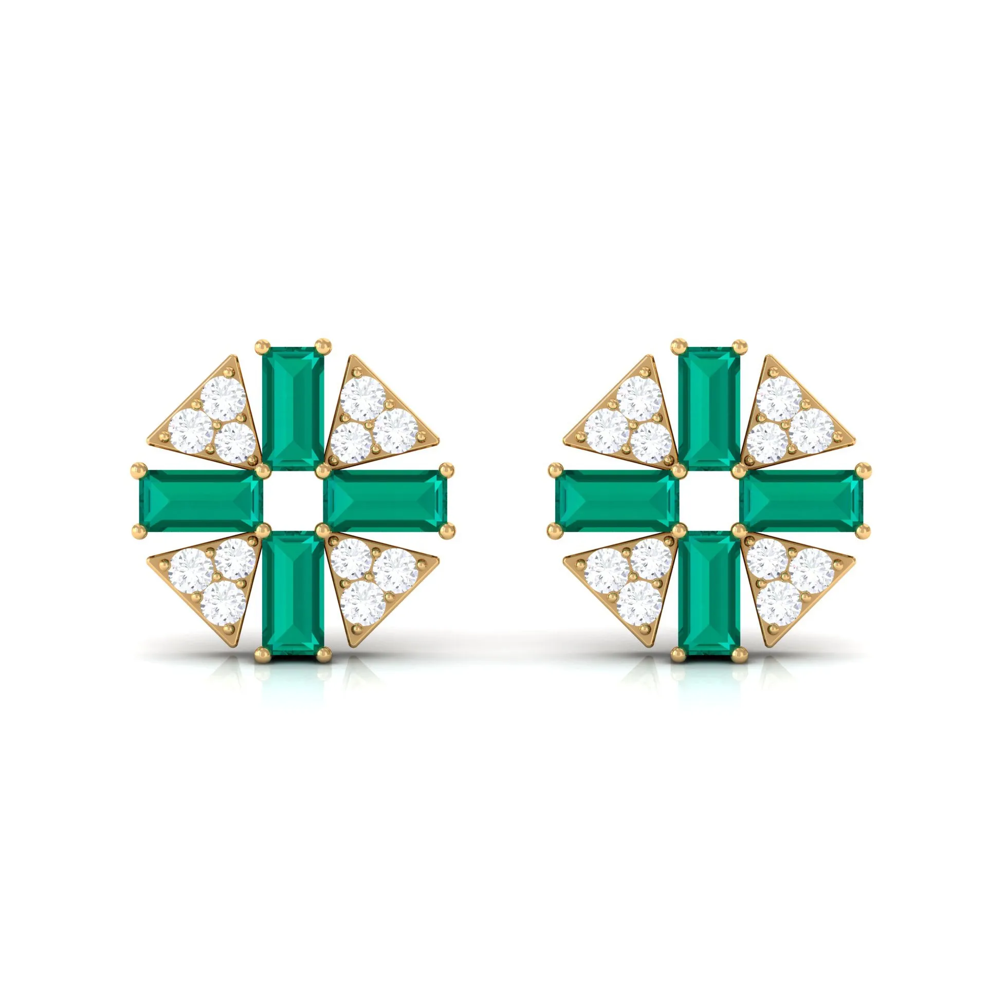3/4 CT Baguette Cut Emerald and Diamond Contemporary Stud Earrings