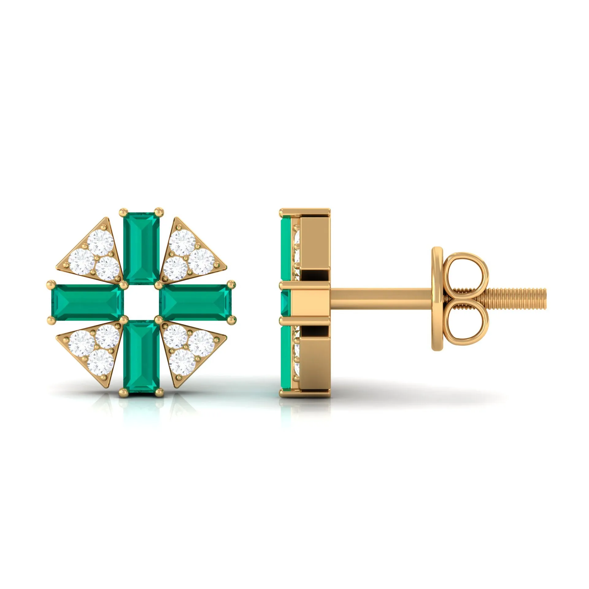 3/4 CT Baguette Cut Emerald and Diamond Contemporary Stud Earrings
