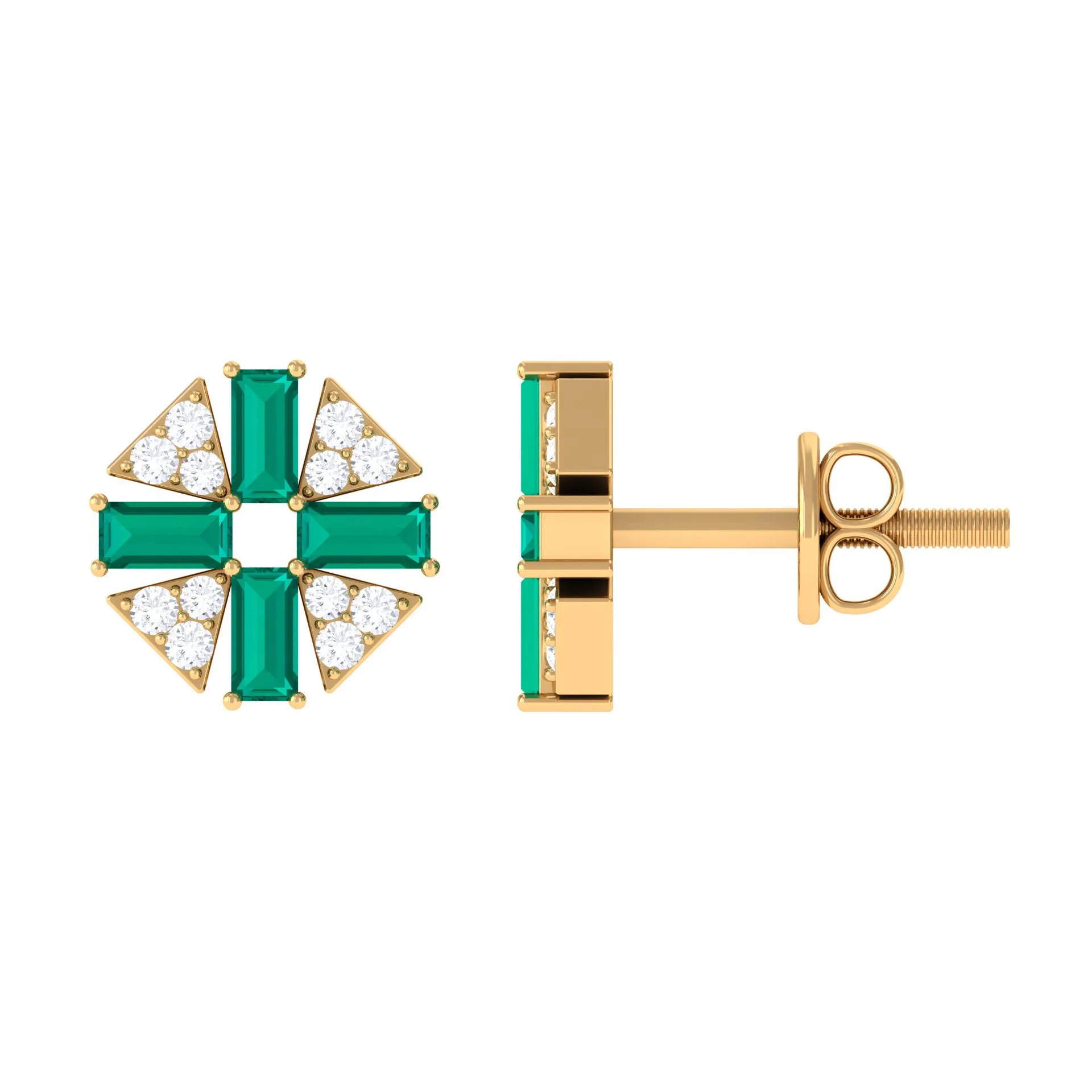 3/4 CT Baguette Cut Emerald and Diamond Contemporary Stud Earrings
