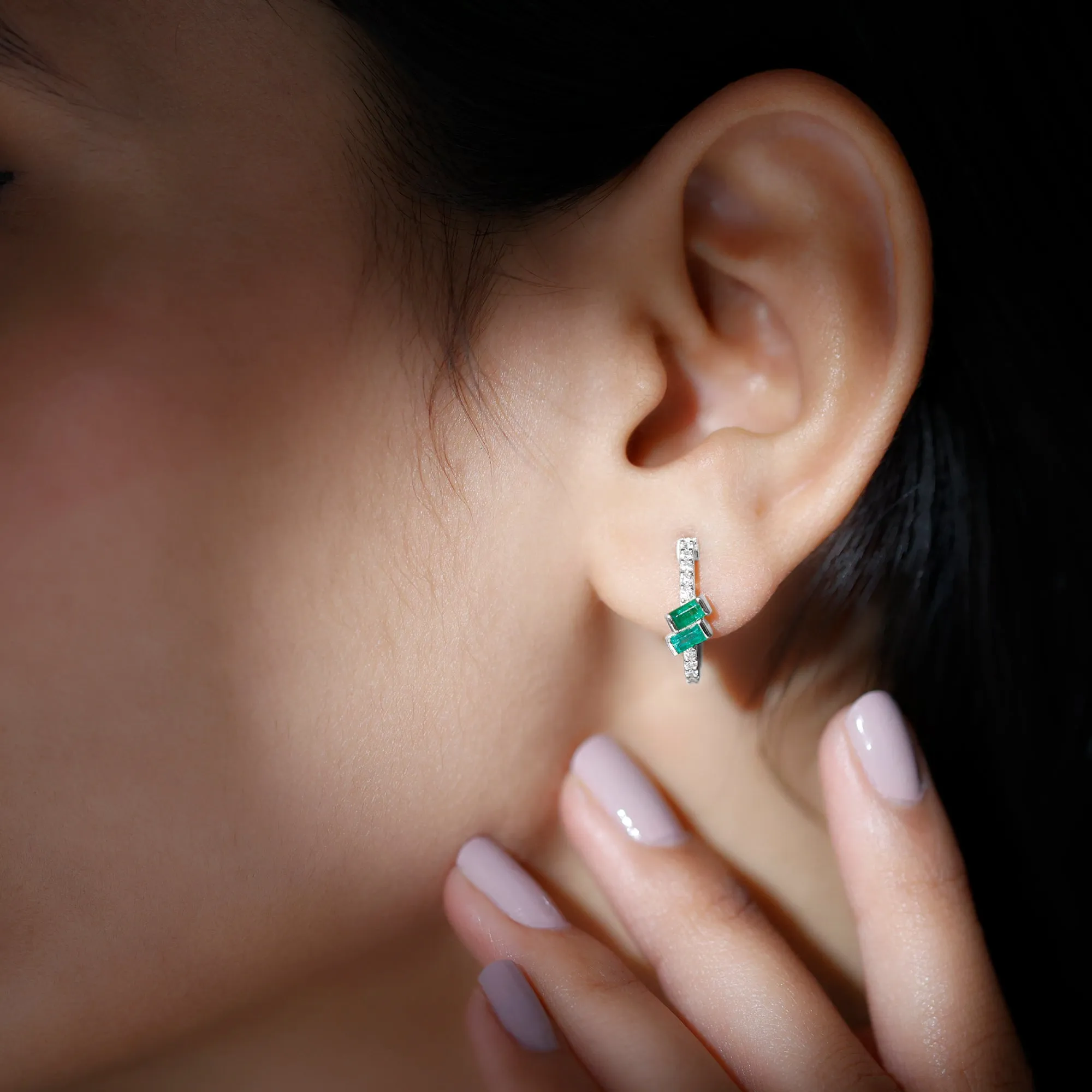 3/4 CT Bar Set Baguette Emerald and Diamond Minimal Hoop Earrings