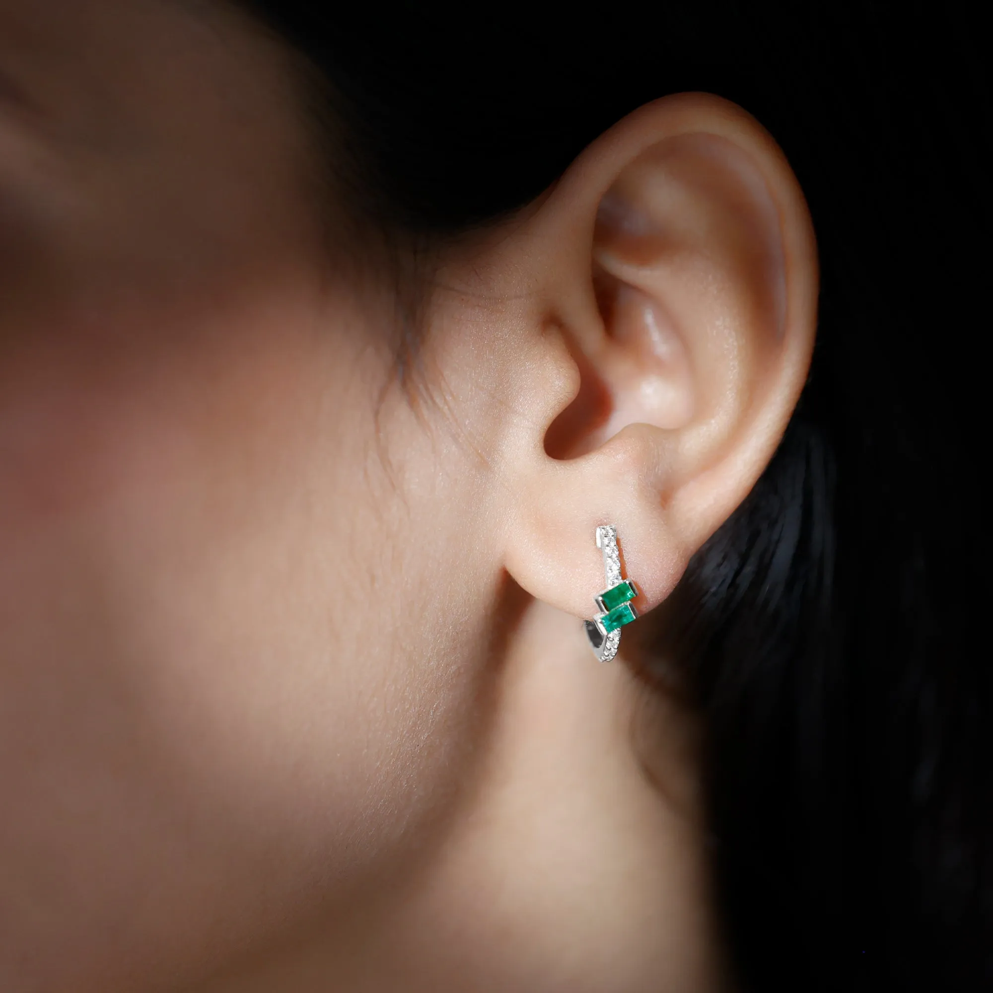 3/4 CT Bar Set Baguette Emerald and Diamond Minimal Hoop Earrings