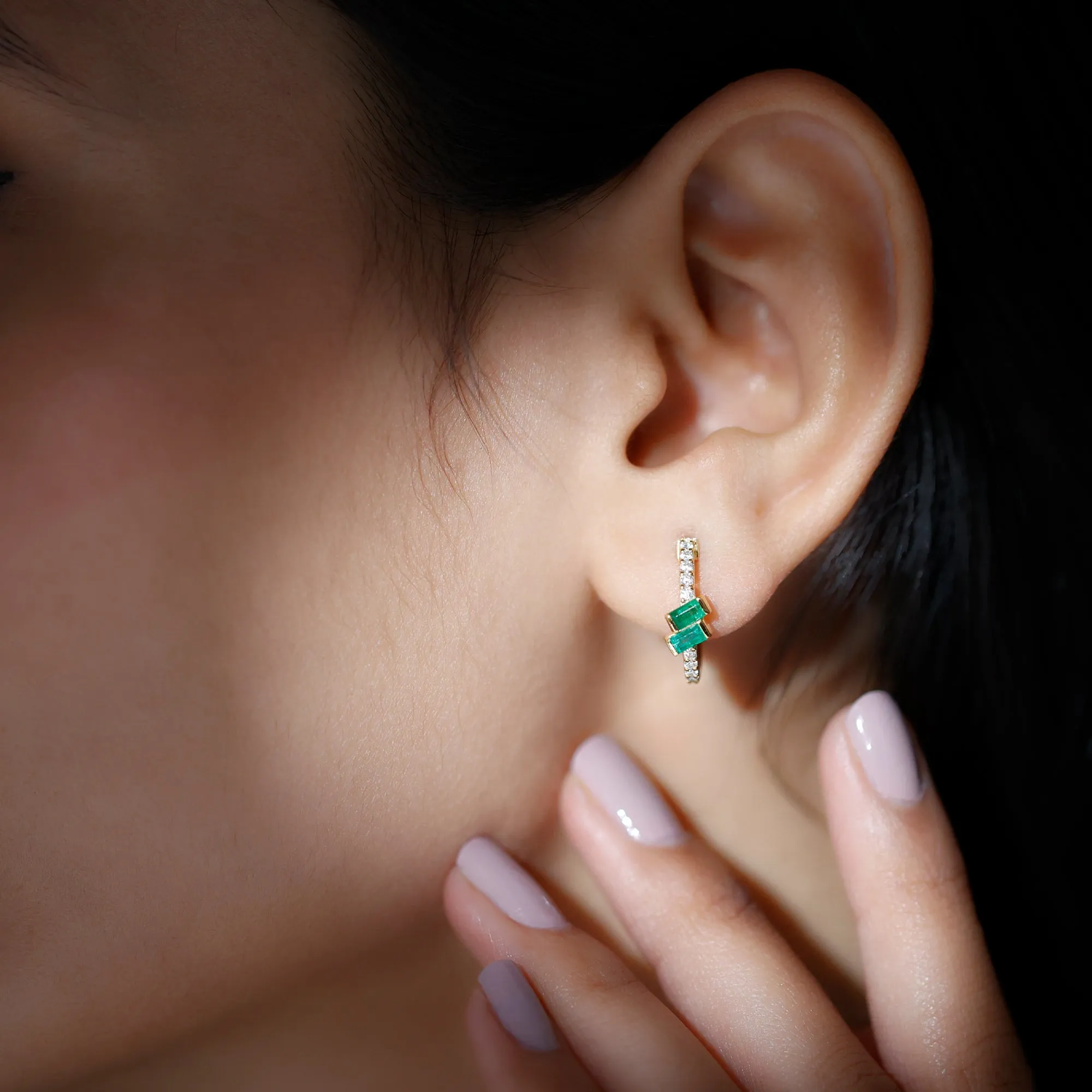 3/4 CT Bar Set Baguette Emerald and Diamond Minimal Hoop Earrings