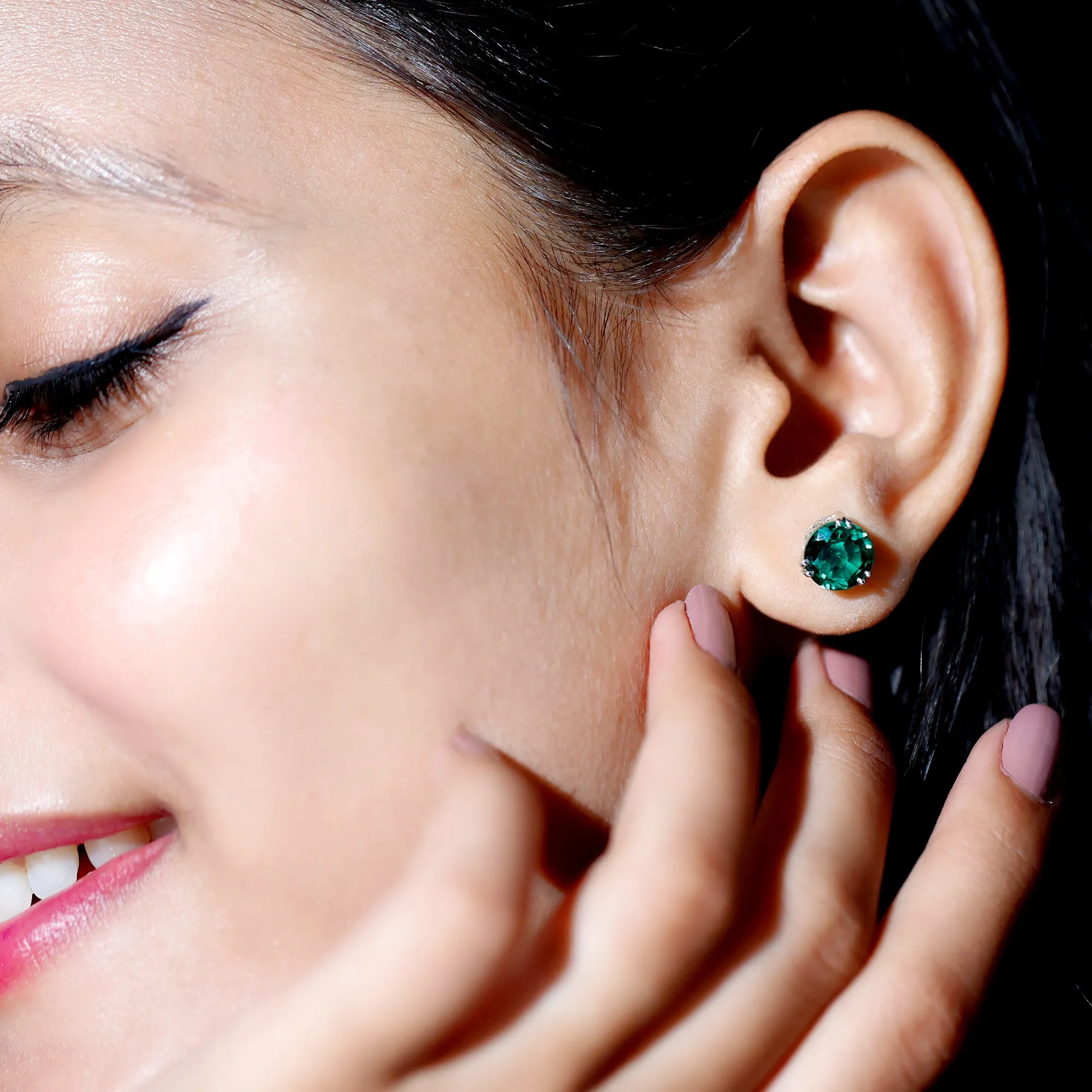 8 MM Created Emerald Solitaire Stud Earrings in Double Claw Setting