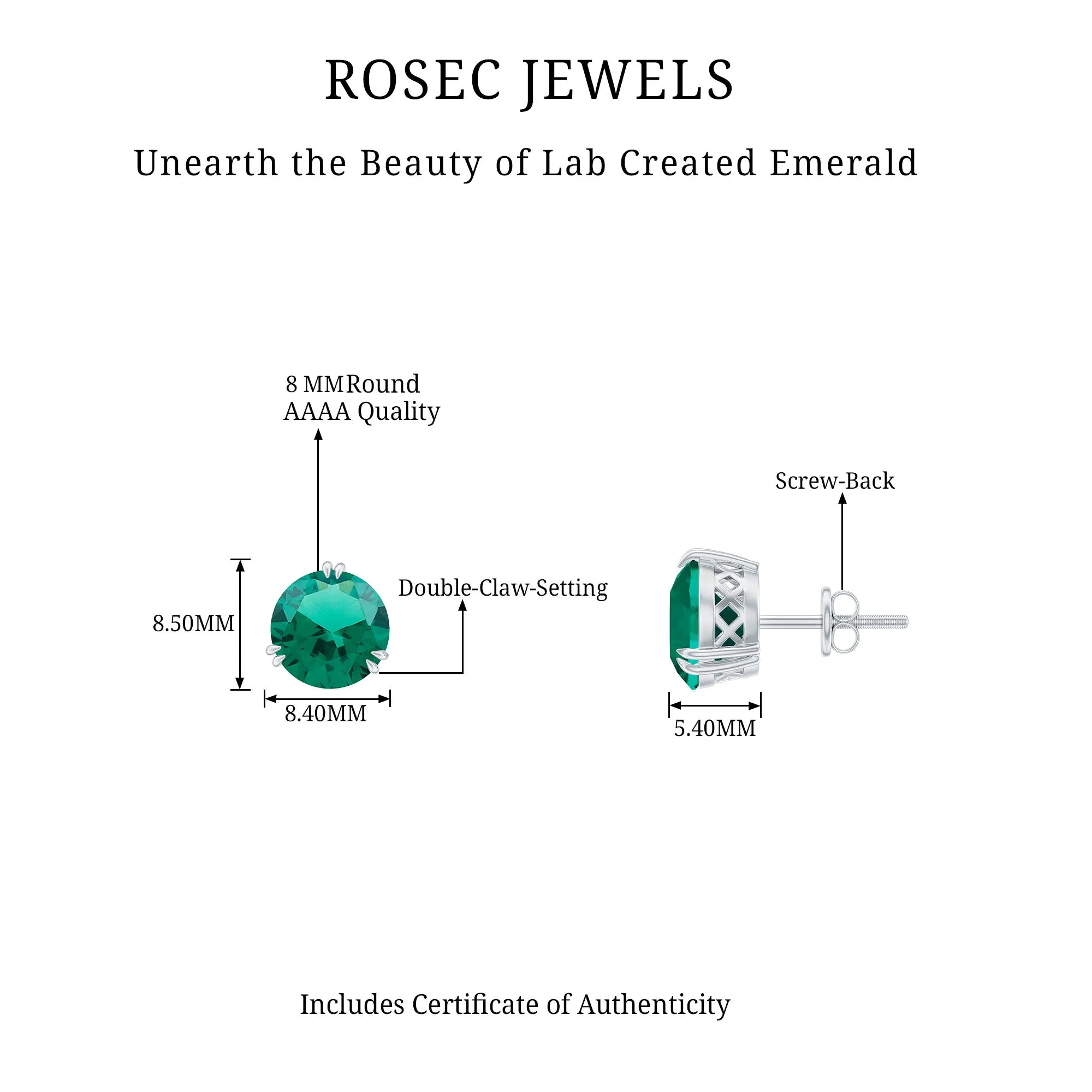 8 MM Created Emerald Solitaire Stud Earrings in Double Claw Setting