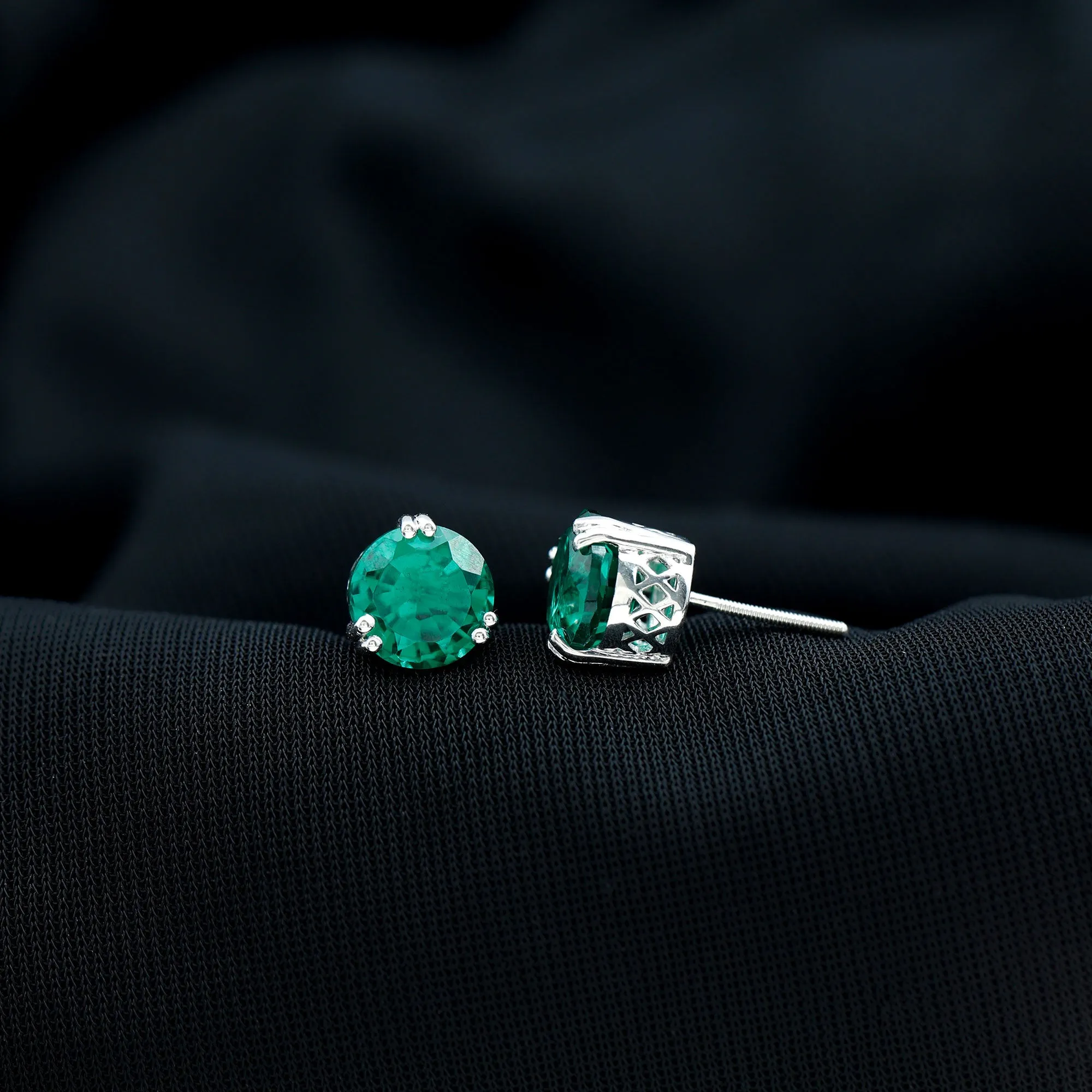 8 MM Created Emerald Solitaire Stud Earrings in Double Claw Setting