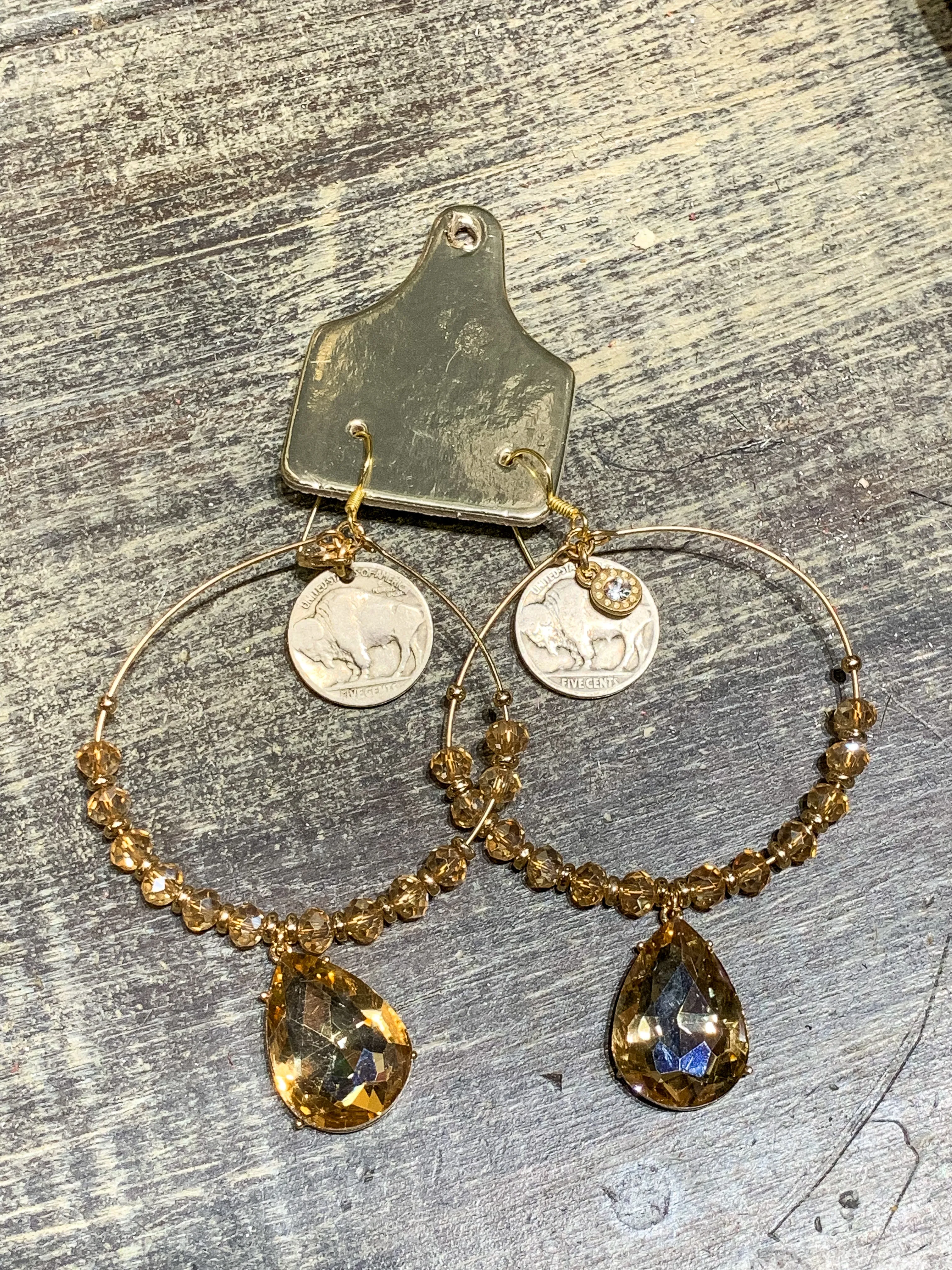 Alex Buffalo Coin Crystal Teardrop Earrings - Amber