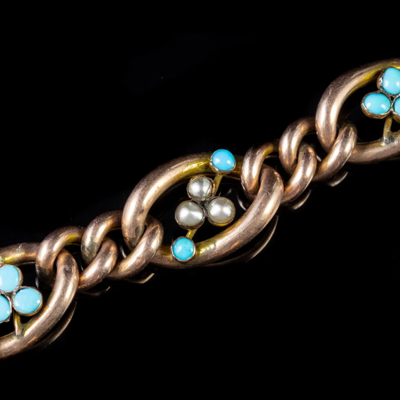 Antique Edwardian Turquoise Pearl Bracelet 9Ct Rose Gold Dated 1901