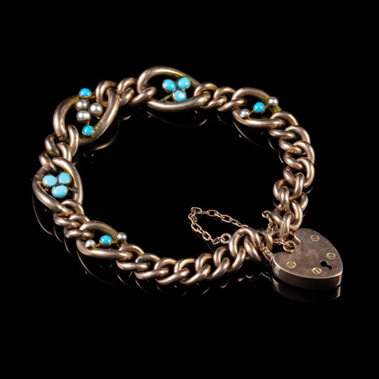 Antique Edwardian Turquoise Pearl Bracelet 9Ct Rose Gold Dated 1901
