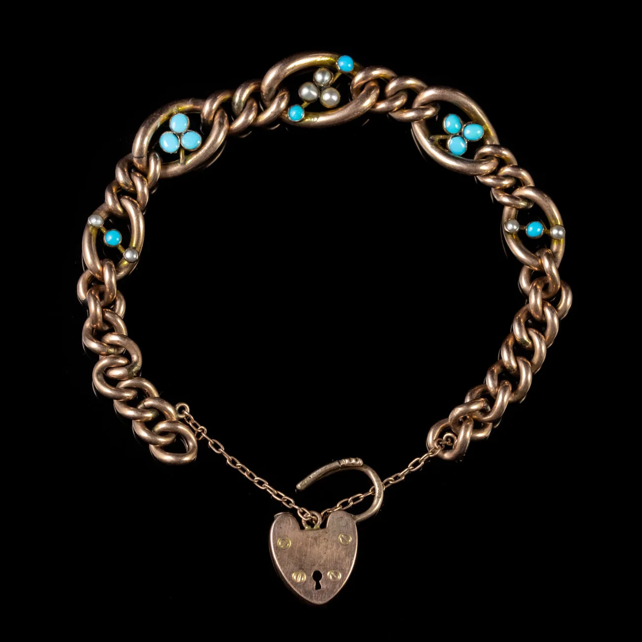 Antique Edwardian Turquoise Pearl Bracelet 9Ct Rose Gold Dated 1901