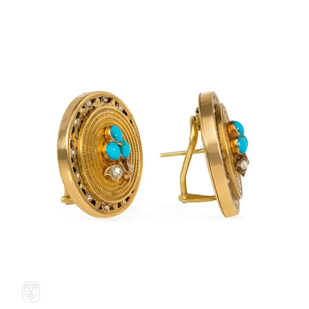 Antique gold, turquoise and diamond earrings
