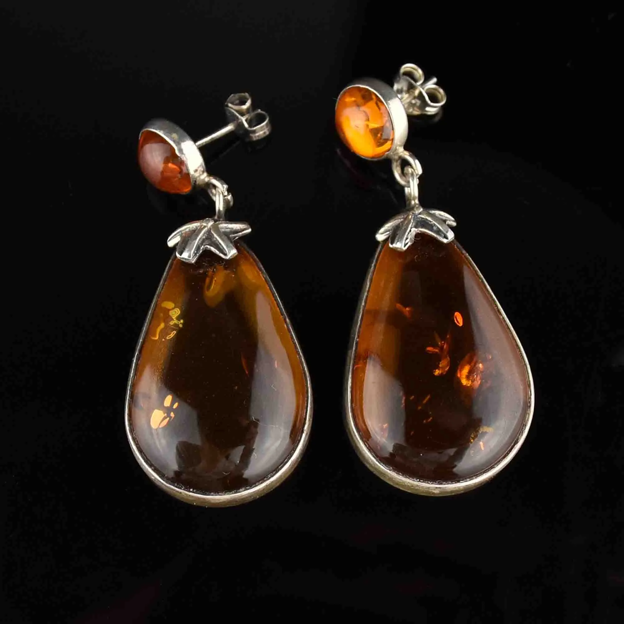 Arts and Crafts Style Silver Baltic Amber Statement Earrings