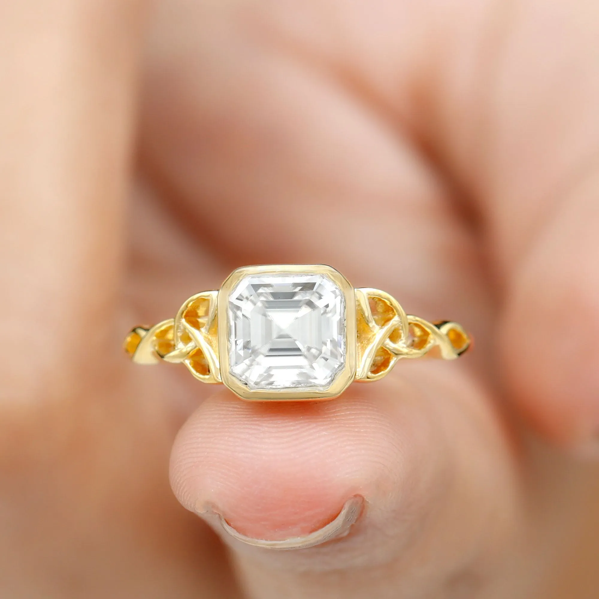 Asscher Cut Moissanite Solitaire Celtic Knot Ring