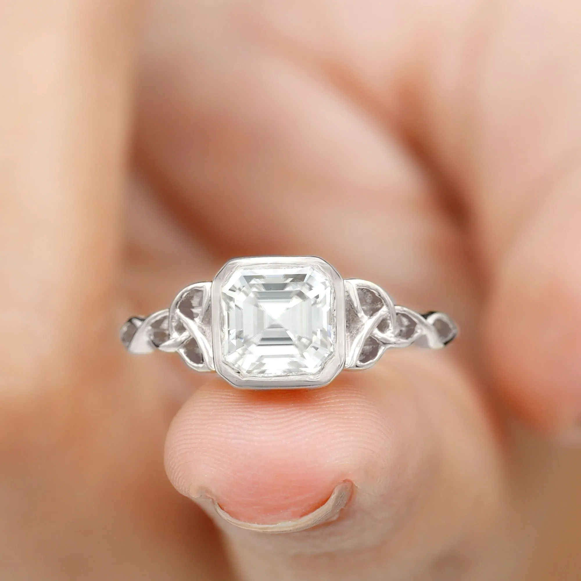 Asscher Cut Moissanite Solitaire Celtic Knot Ring