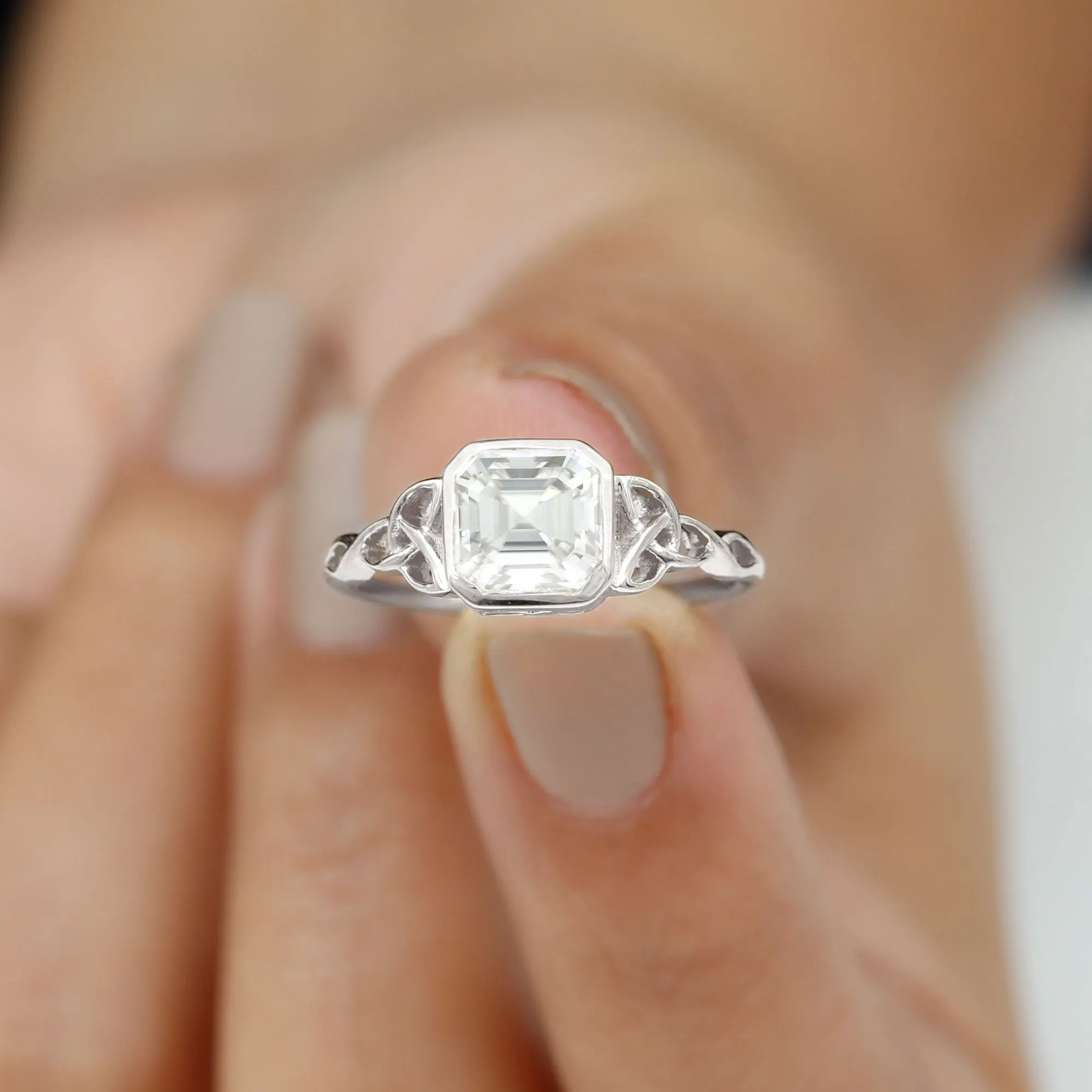 Asscher Cut Moissanite Solitaire Celtic Knot Ring