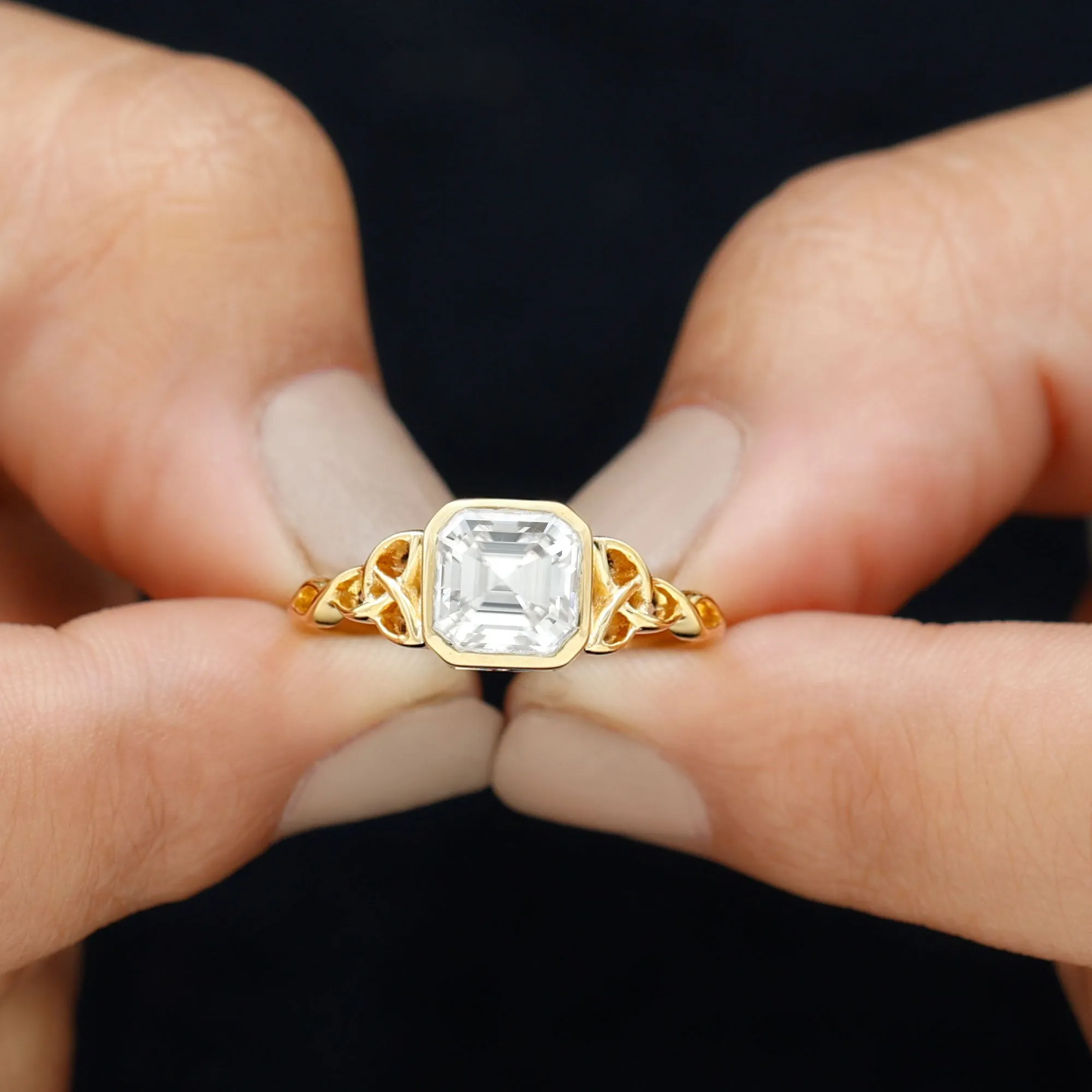 Asscher Cut Moissanite Solitaire Celtic Knot Ring