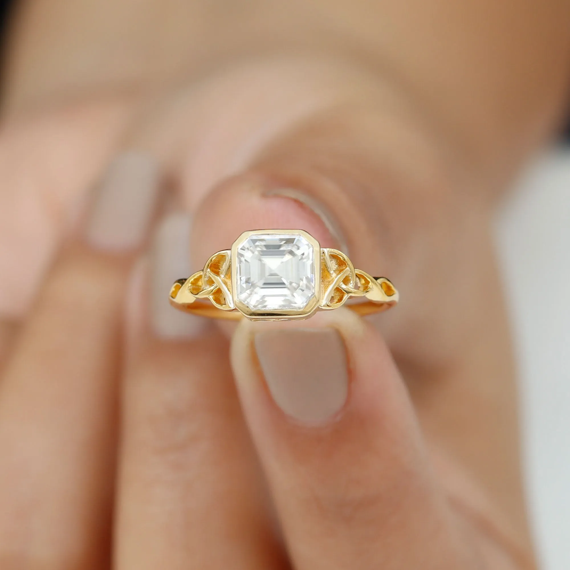 Asscher Cut Moissanite Solitaire Celtic Knot Ring