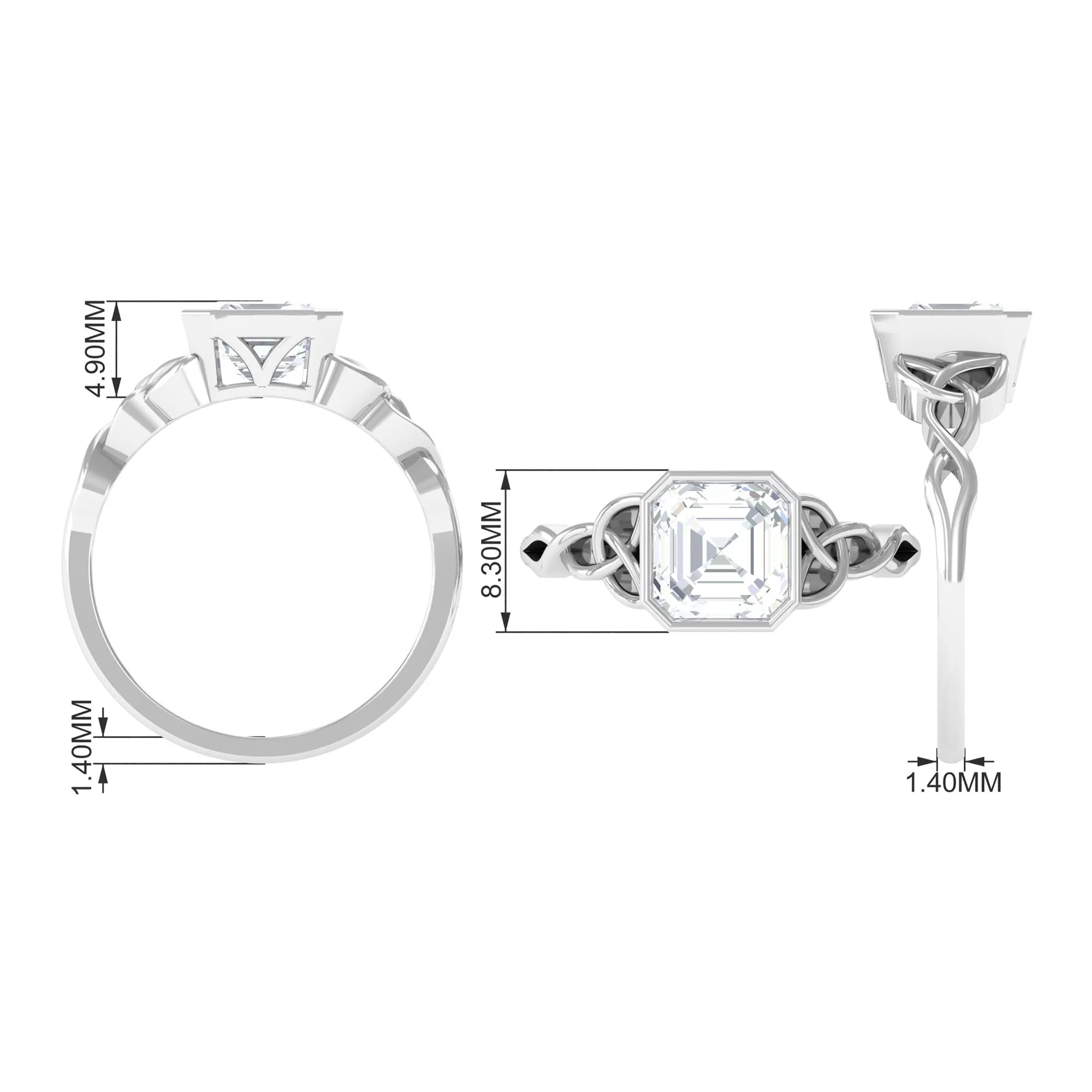 Asscher Cut Moissanite Solitaire Celtic Knot Ring