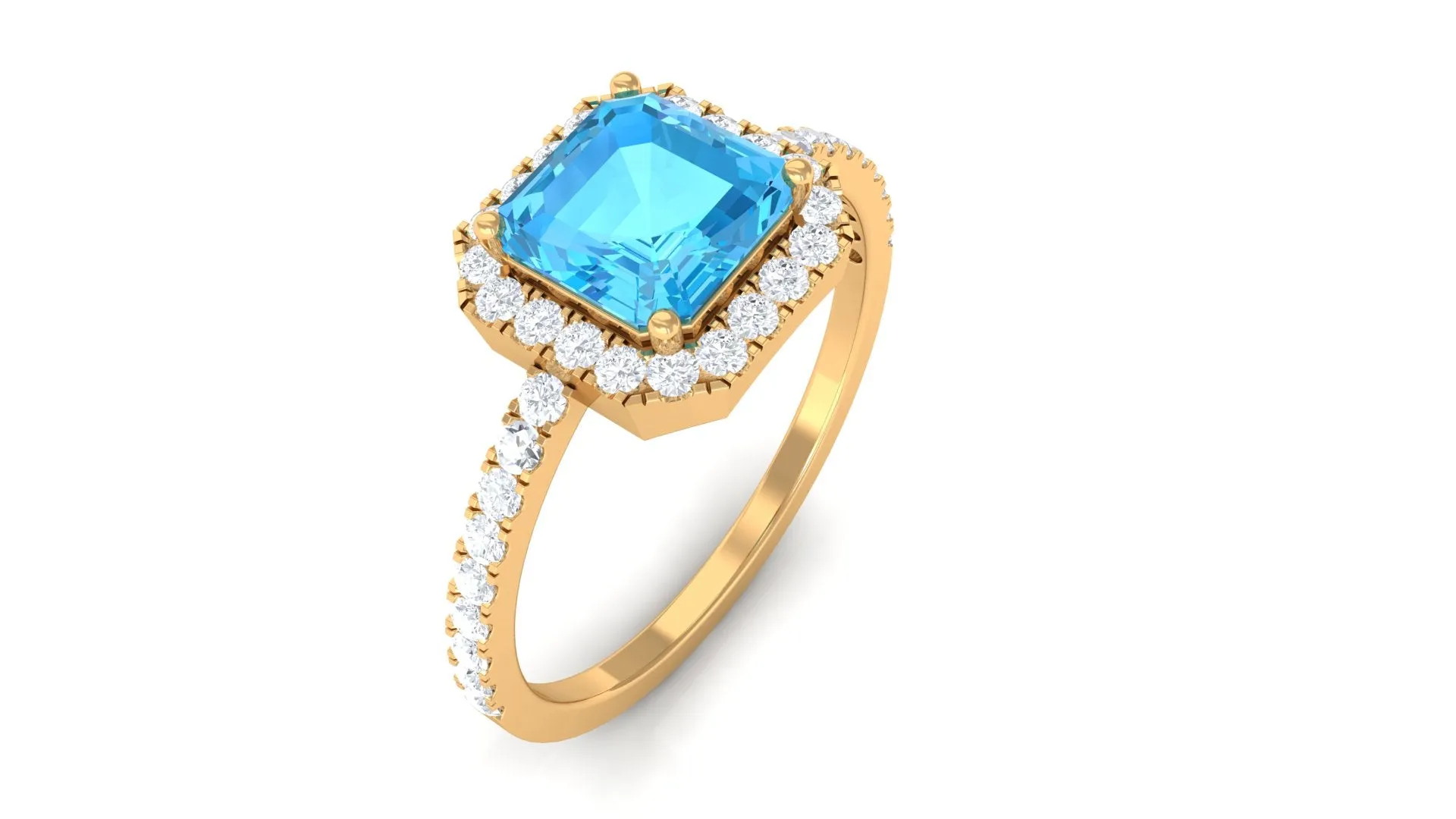 Asscher Cut Real Swiss Blue Topaz Halo Engagement Ring with Diamond