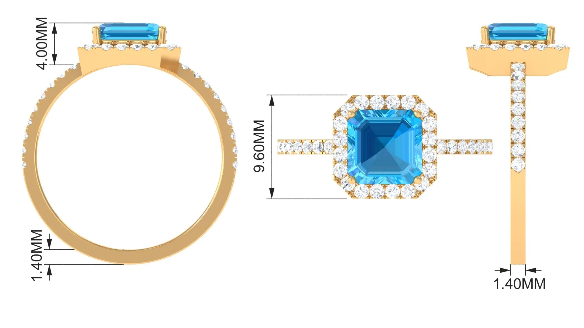 Asscher Cut Real Swiss Blue Topaz Halo Engagement Ring with Diamond