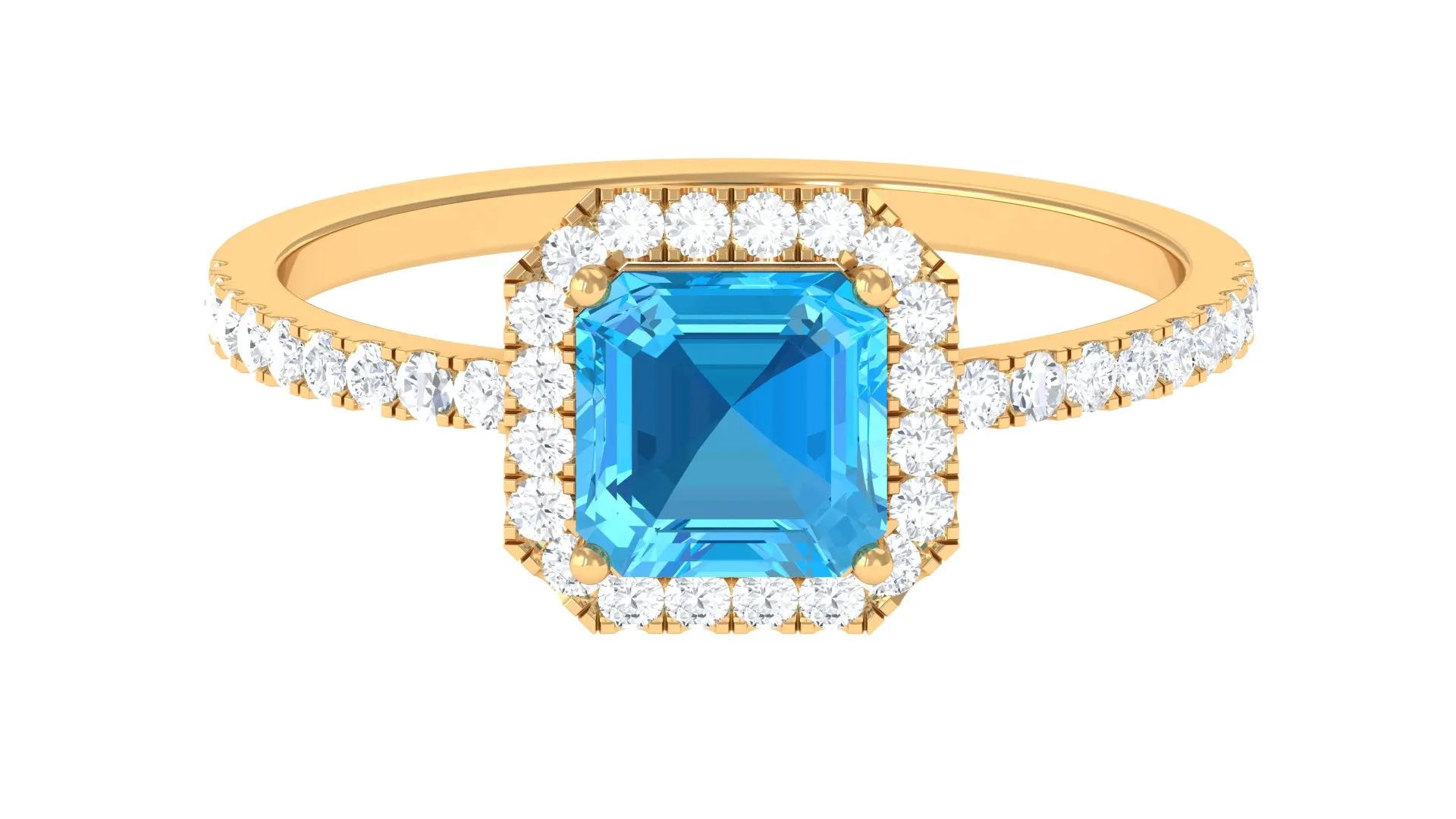 Asscher Cut Real Swiss Blue Topaz Halo Engagement Ring with Diamond