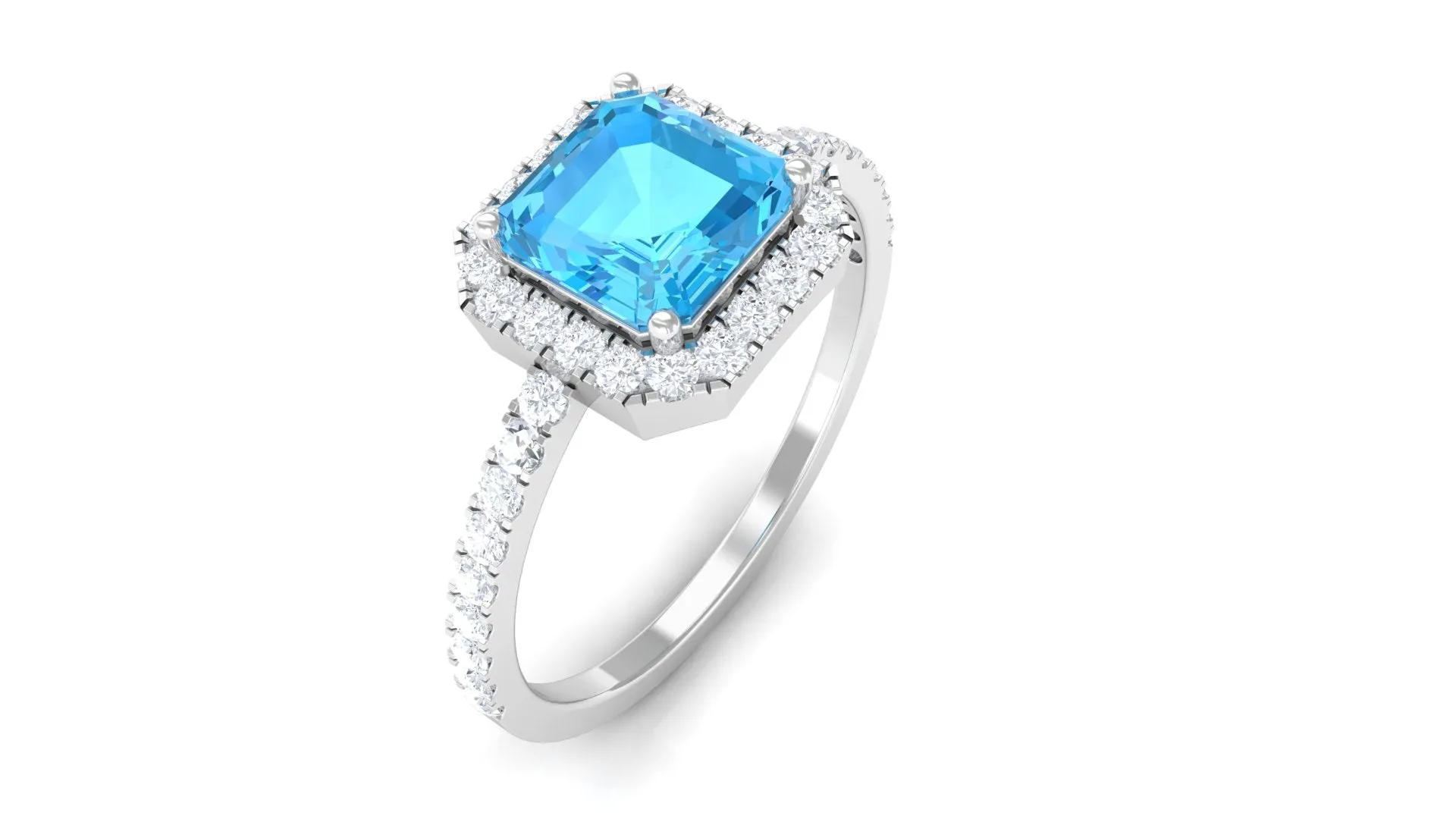 Asscher Cut Real Swiss Blue Topaz Halo Engagement Ring with Diamond