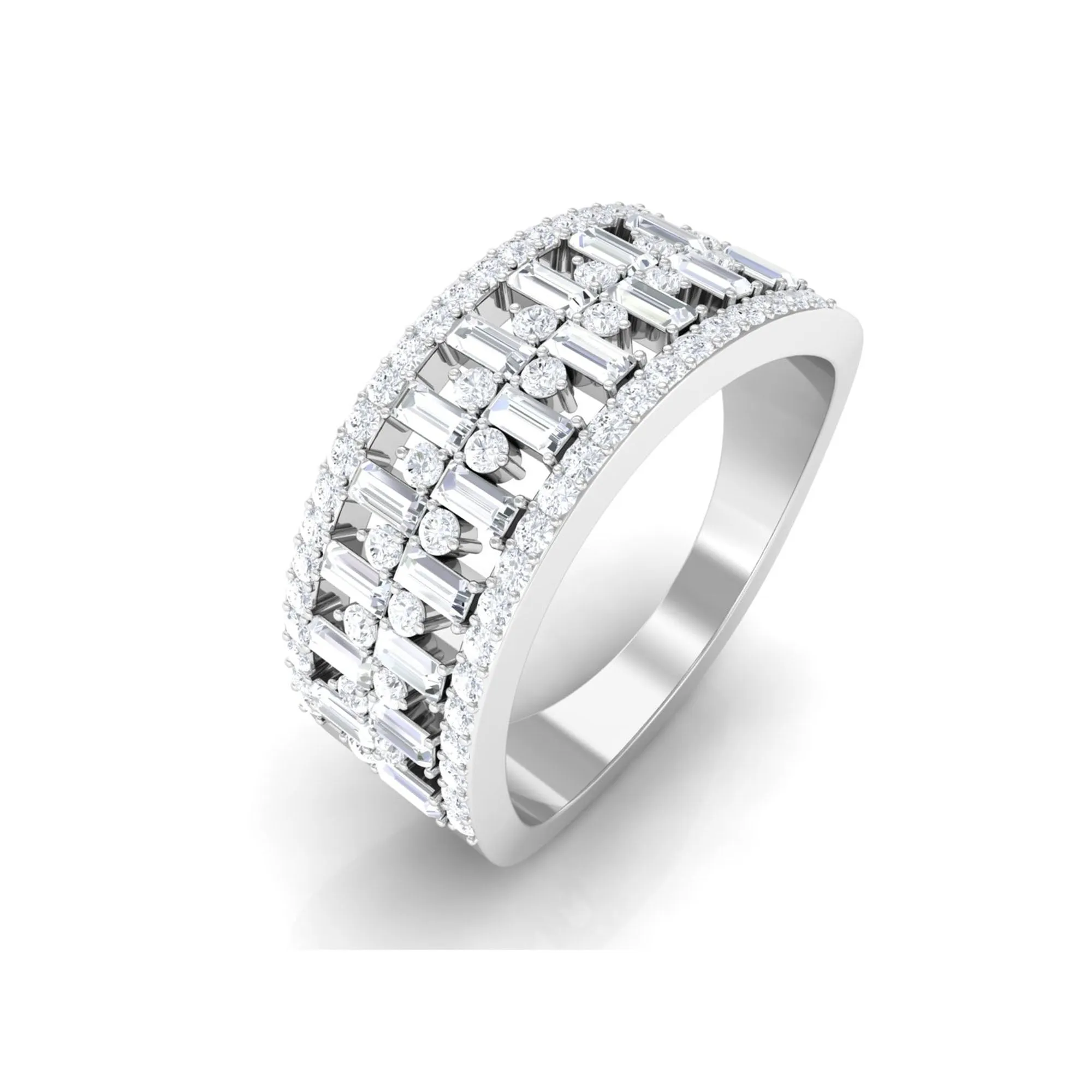 Baguette and Round Wide Diamond Band Ring