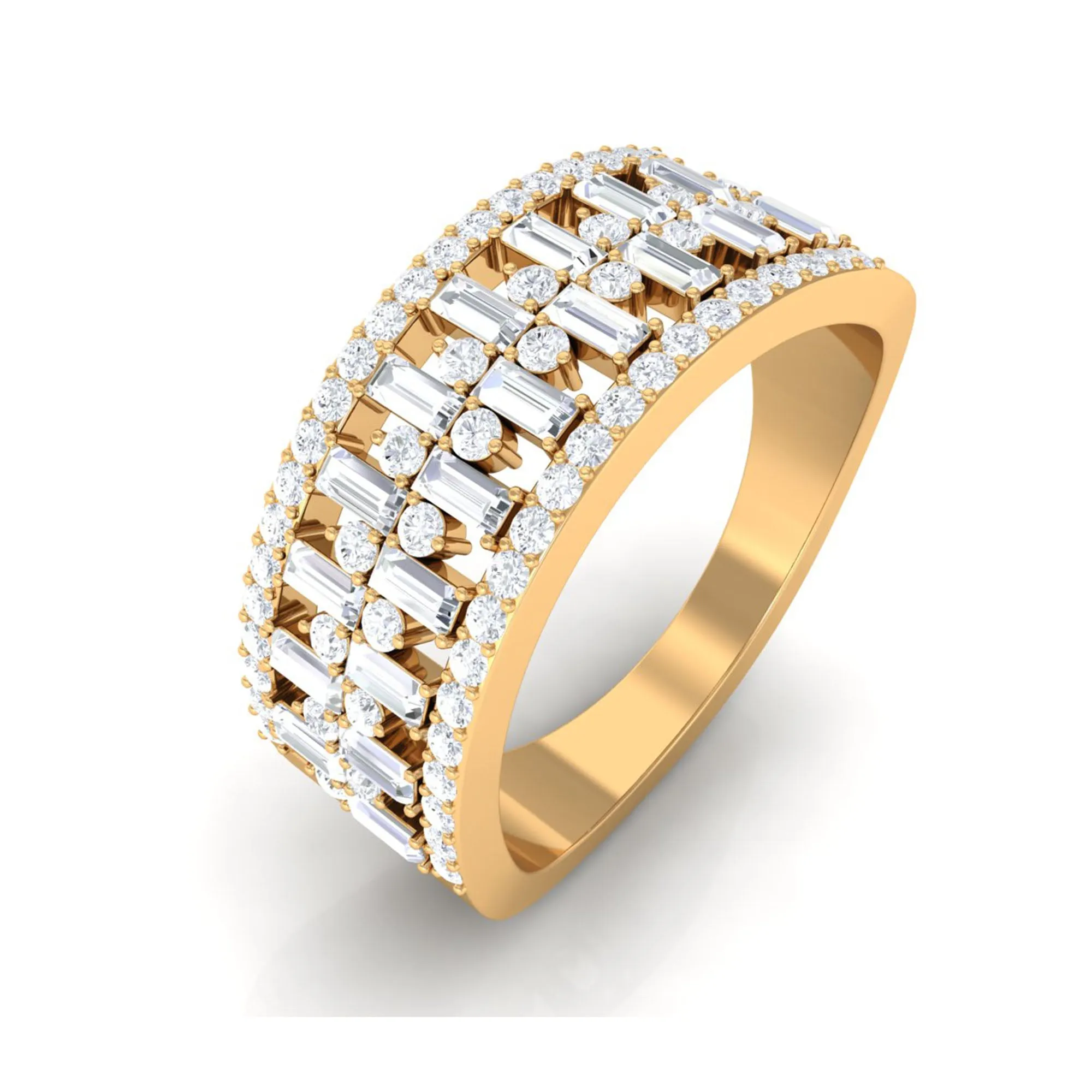Baguette and Round Wide Diamond Band Ring