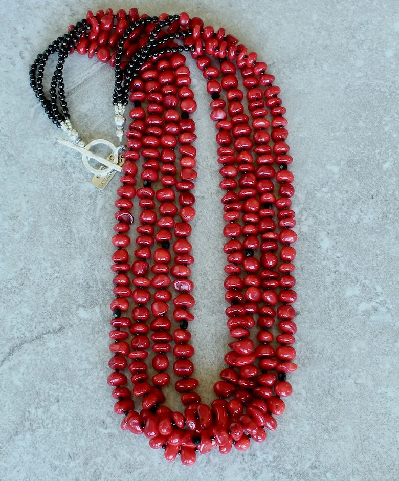 Bamboo Coral Pebble 4-Strand Necklace with Black Jet, Onyx and Sterling Silver