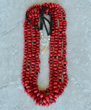 Bamboo Coral Pebble 4-Strand Necklace with Black Jet, Onyx and Sterling Silver