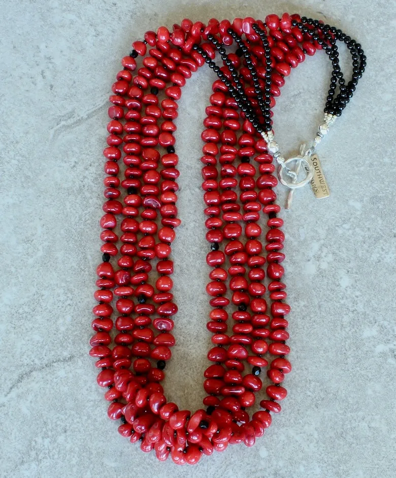 Bamboo Coral Pebble 4-Strand Necklace with Black Jet, Onyx and Sterling Silver