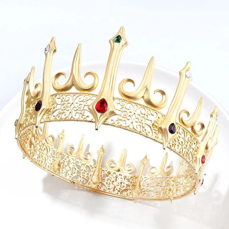 Baroque Golden Large Crystal Big Round Royal King Crown Party Accessory