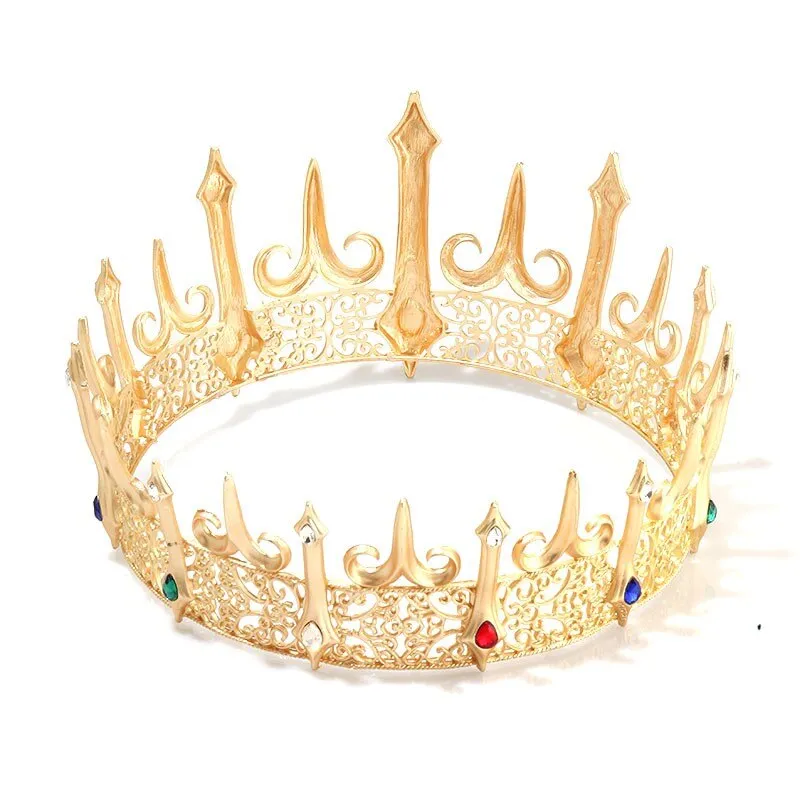 Baroque Golden Large Crystal Big Round Royal King Crown Party Accessory